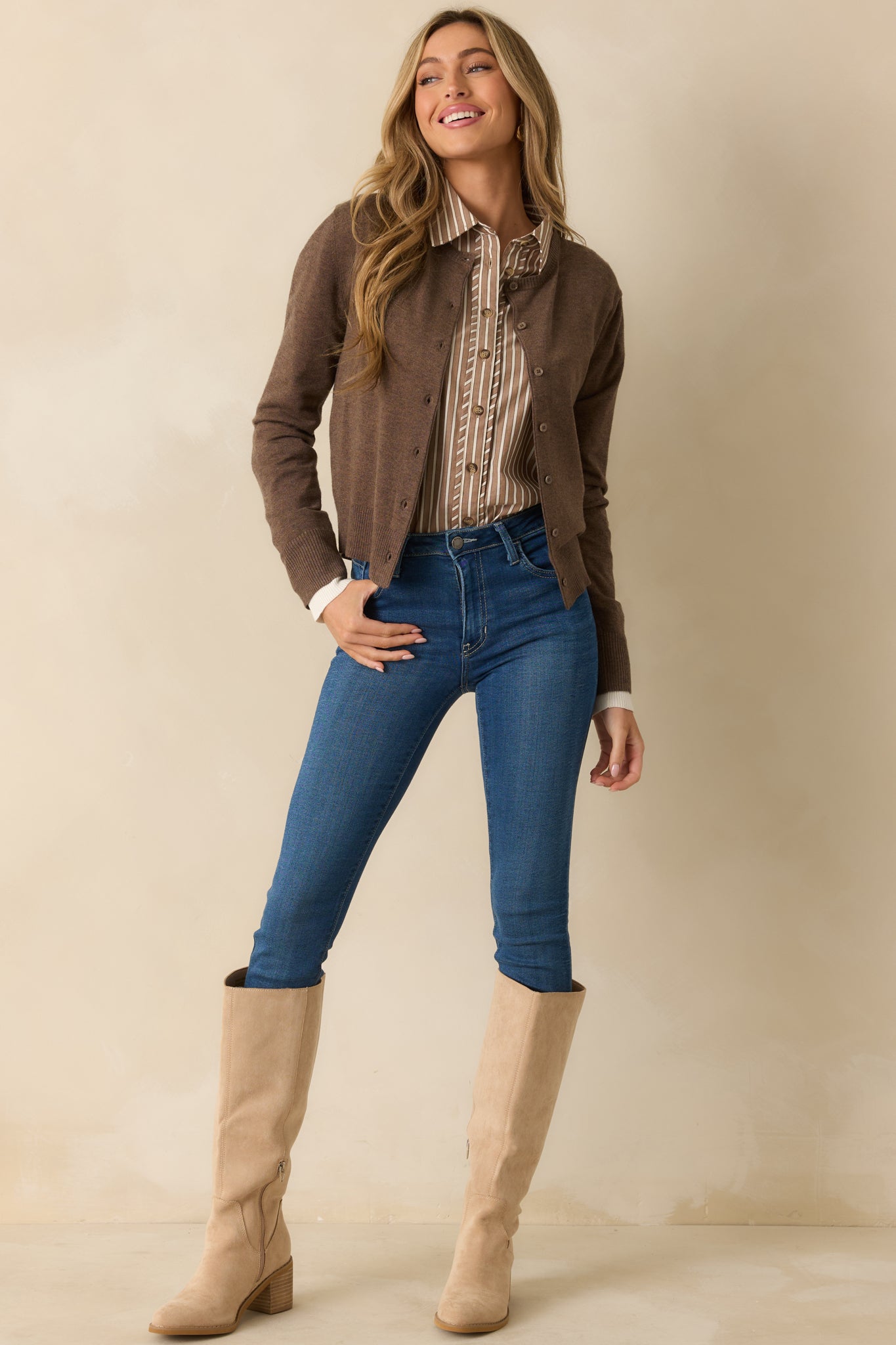 Brown wool-blend cardigan with a crew neckline, button-front closure, and long sleeves.
