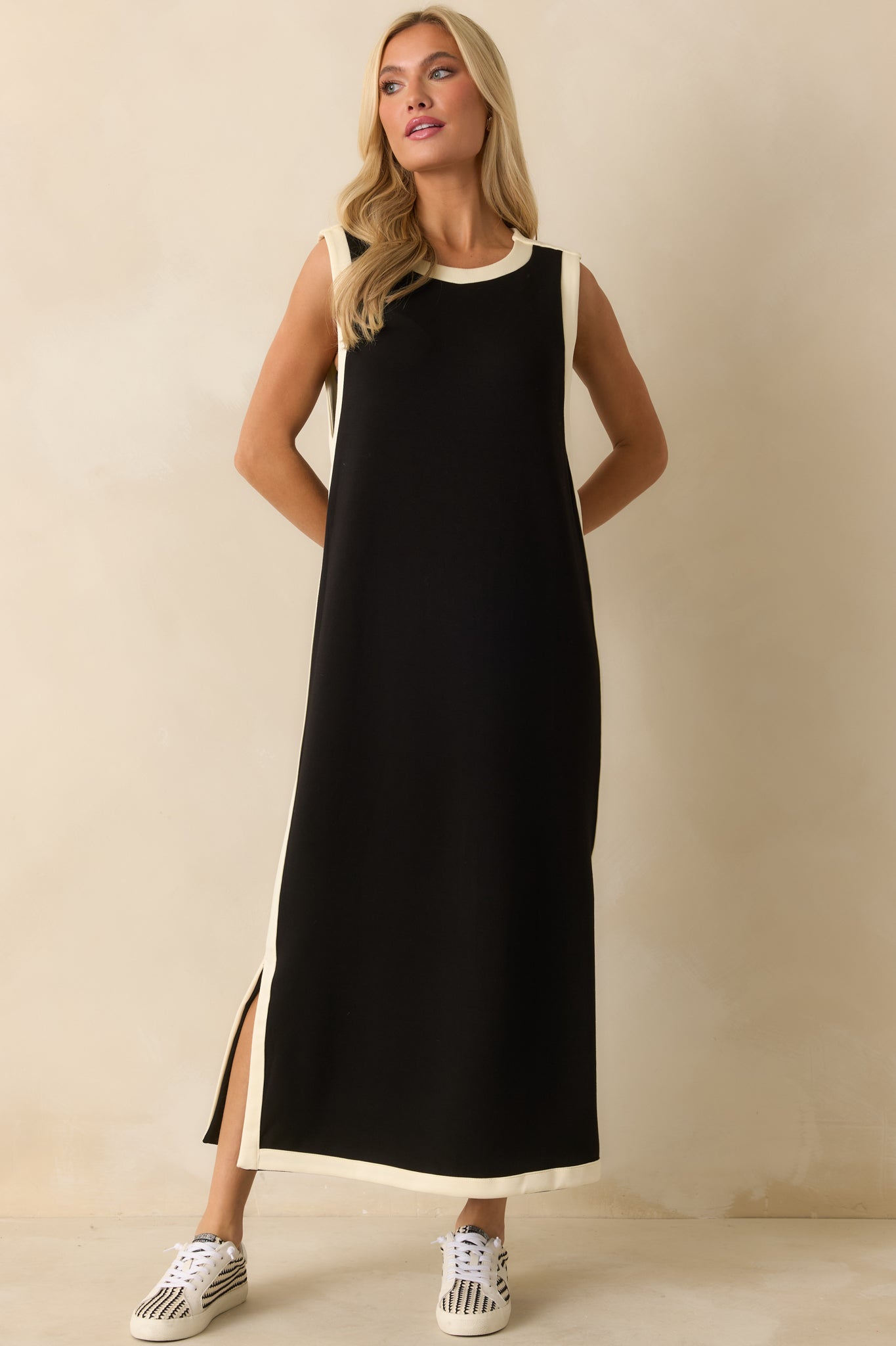 Front-facing maxi dress featuring a crew neckline and soft, stretchy midweight knit fabric.