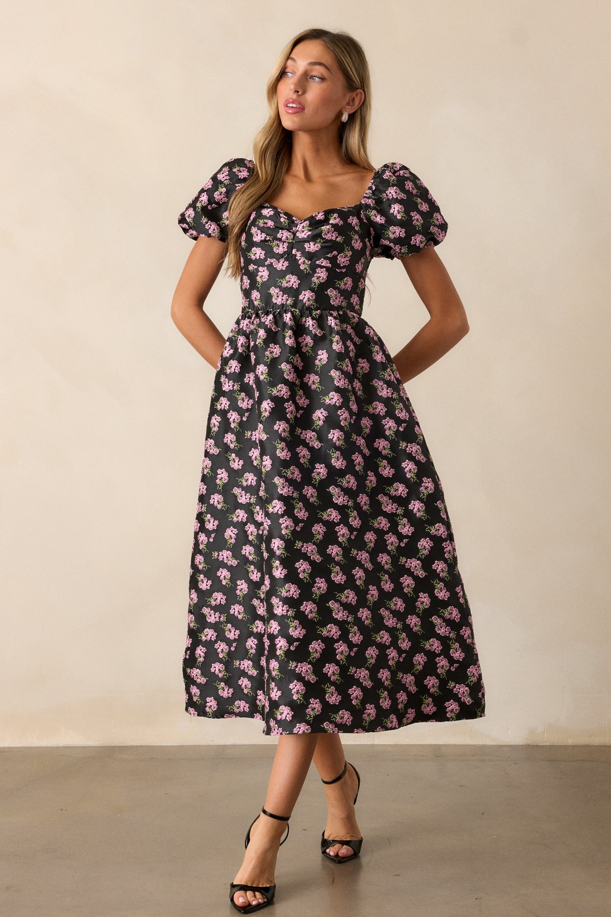 Floral Jacquard Puff Sleeve Dress