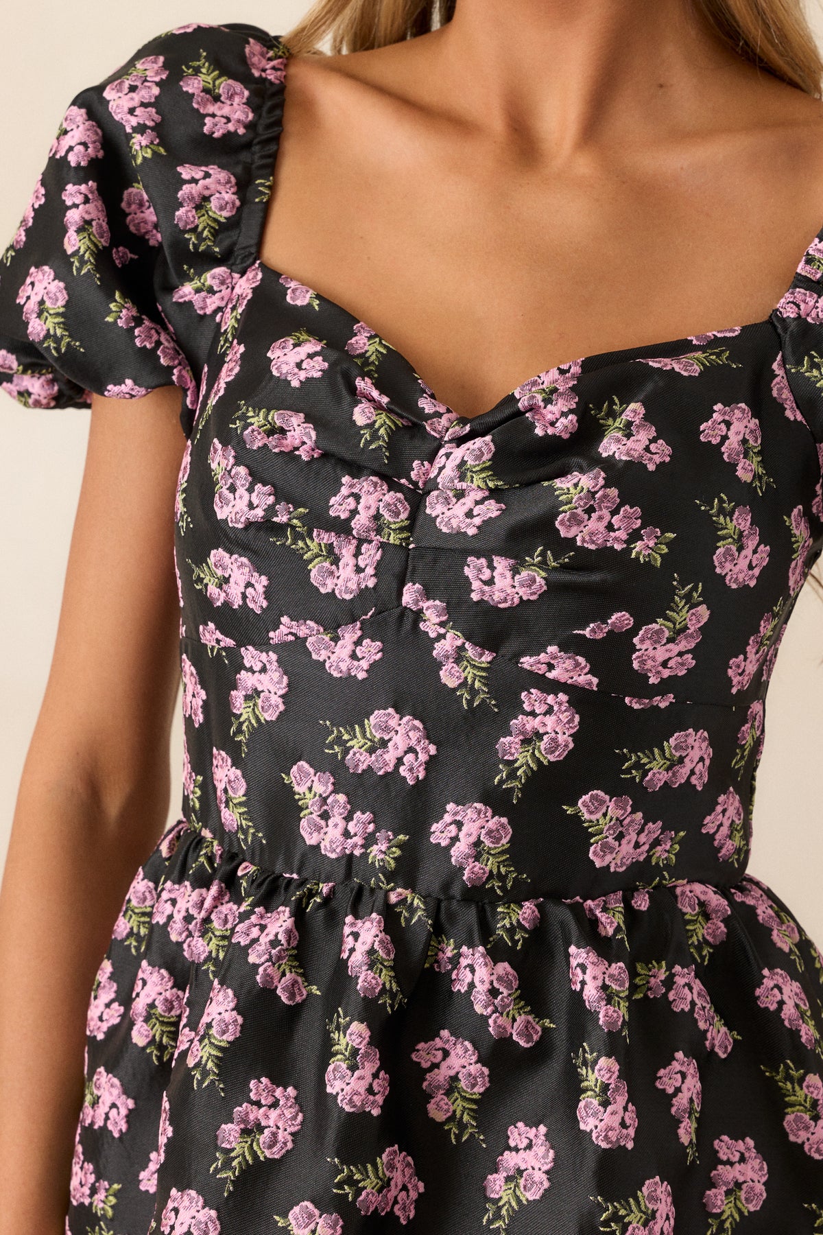 Puff Sleeve Midi Dress Black Patterned