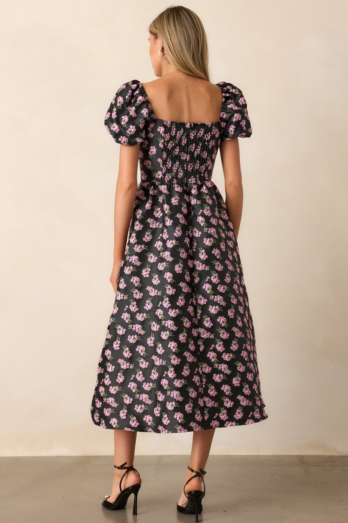Black Floral Jacquard Puff Sleeve Midi Dress - Midi Dresses | Red Dress