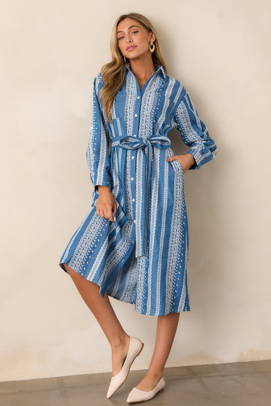Blue Embroidered Midi Shirt Dress - Casual Dresses | Red Dress Blue Embroidered Midi Shirt Dress - Casual Dresses | Red Dress