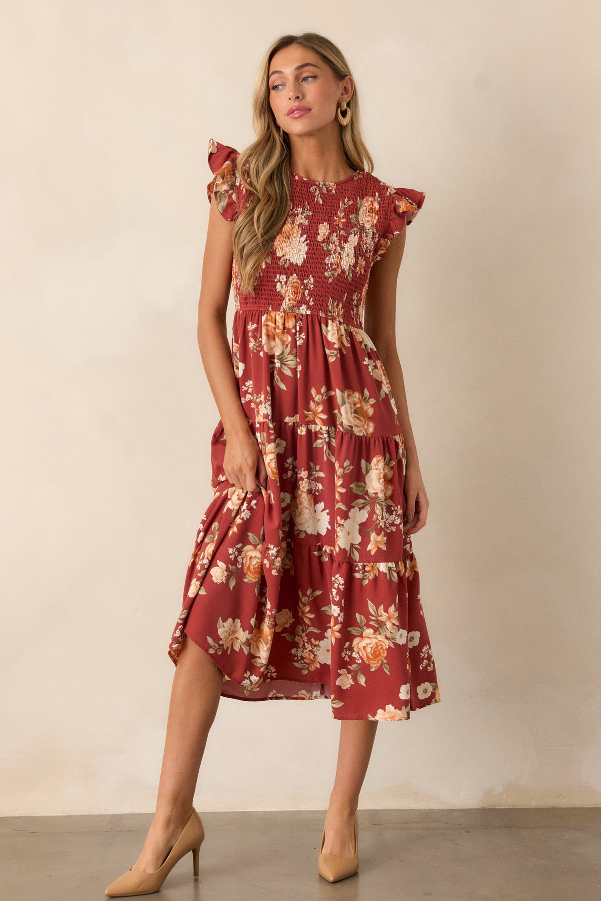 Red Songbird Boho Floral Print Midi Dress