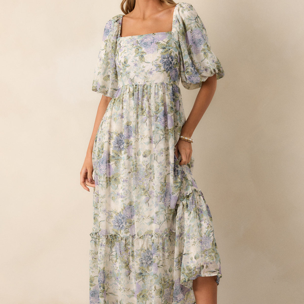 Fields of Gold Ivory Floral Puff Sleeve Midi Dress