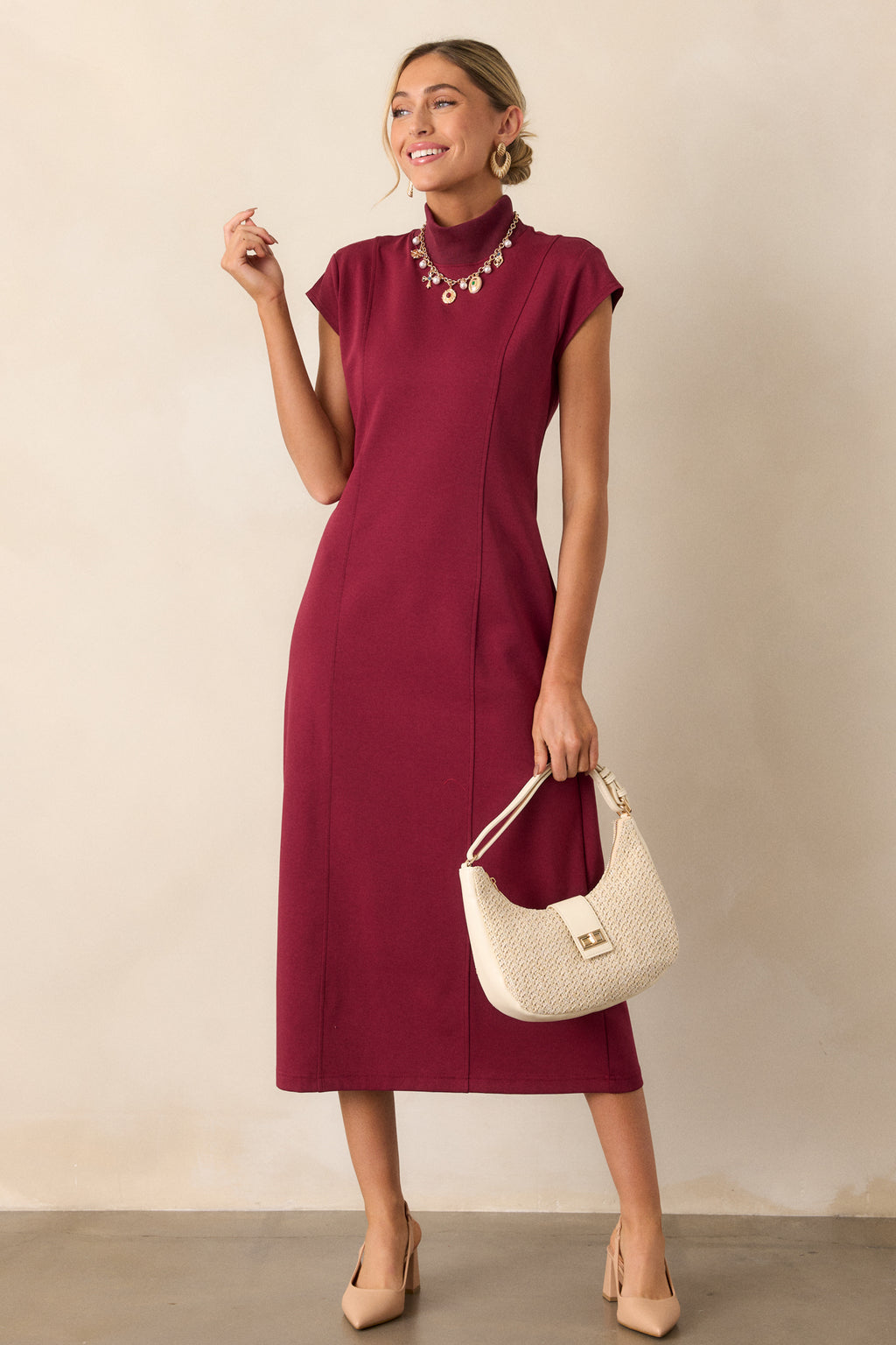 Burgundy Mock Neck Midi Dress - Midi Dresses | Red Dress Burgundy Mock Neck Midi Dress - Midi Dresses | Red Dress