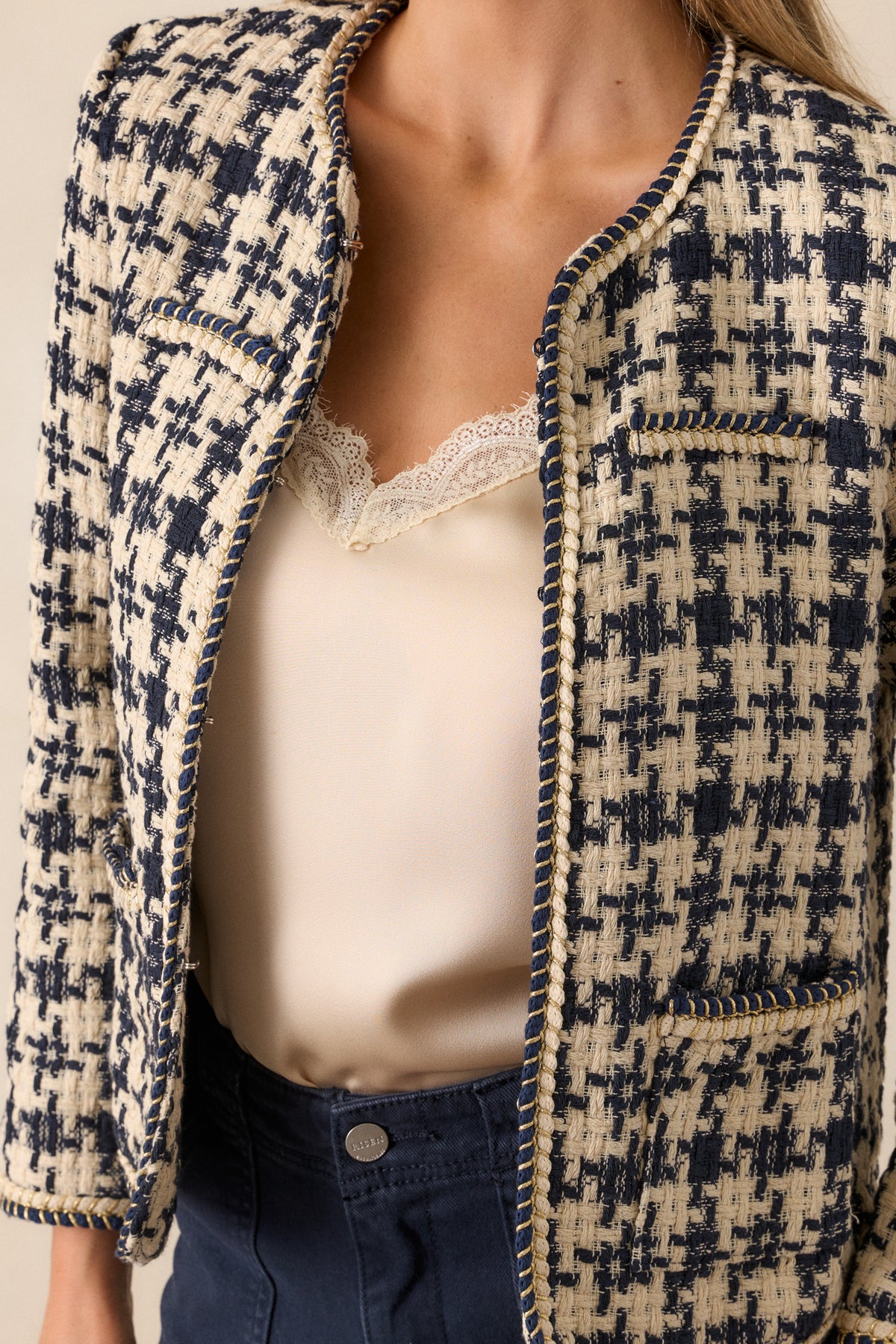 Contrast Collar Houndstooth Tweed Jacket