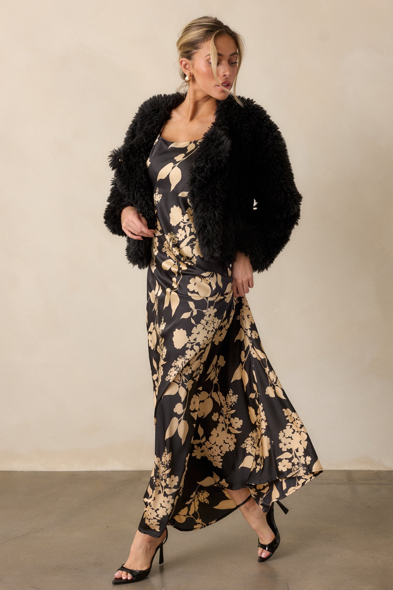 Black Floral Satin Maxi Dress - All Dresses | Red Dress