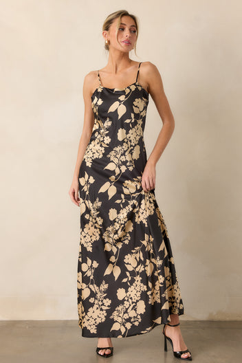 Black Floral Satin Maxi Dress - All Dresses | Red Dress