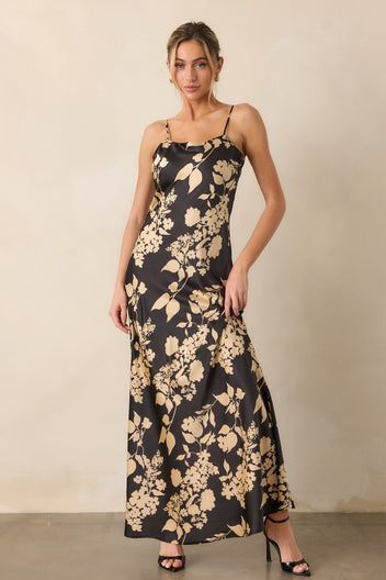 Black Floral Satin Maxi Dress - All Dresses | Red Dress