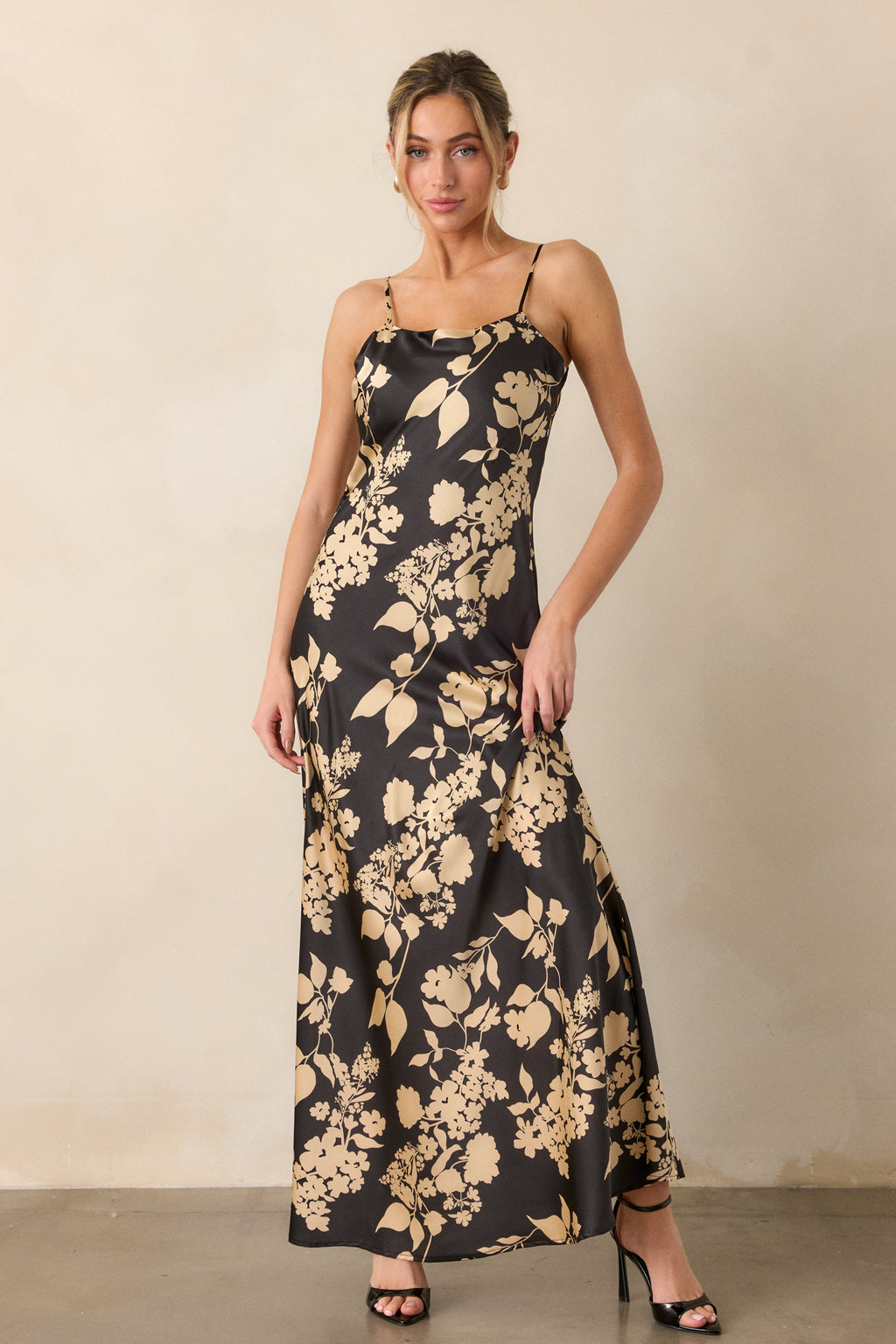 blue dress for baby girl Black Floral Satin Maxi Dress - All Dresses