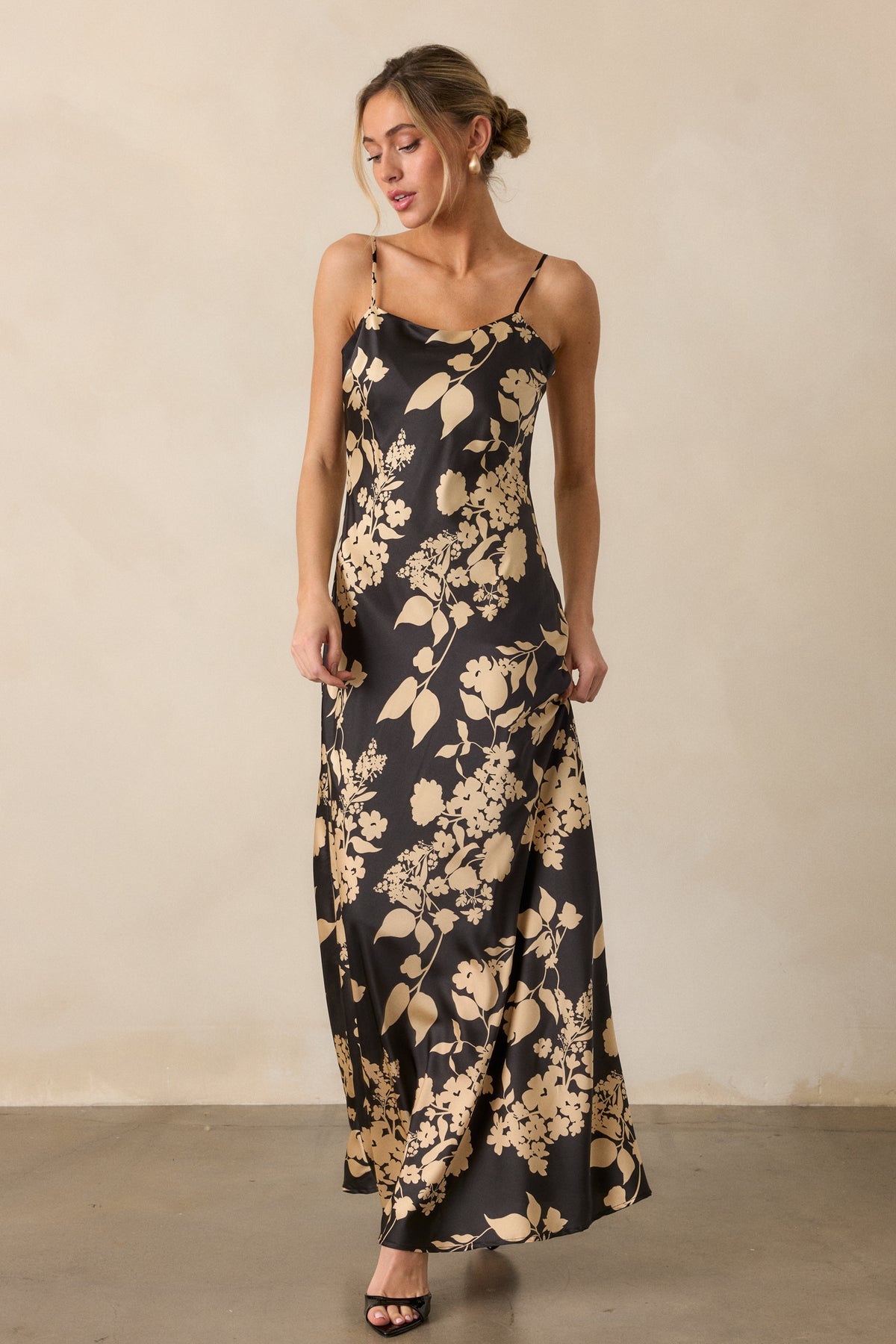 Black Floral Satin Maxi Dress - All Dresses | Red Dress