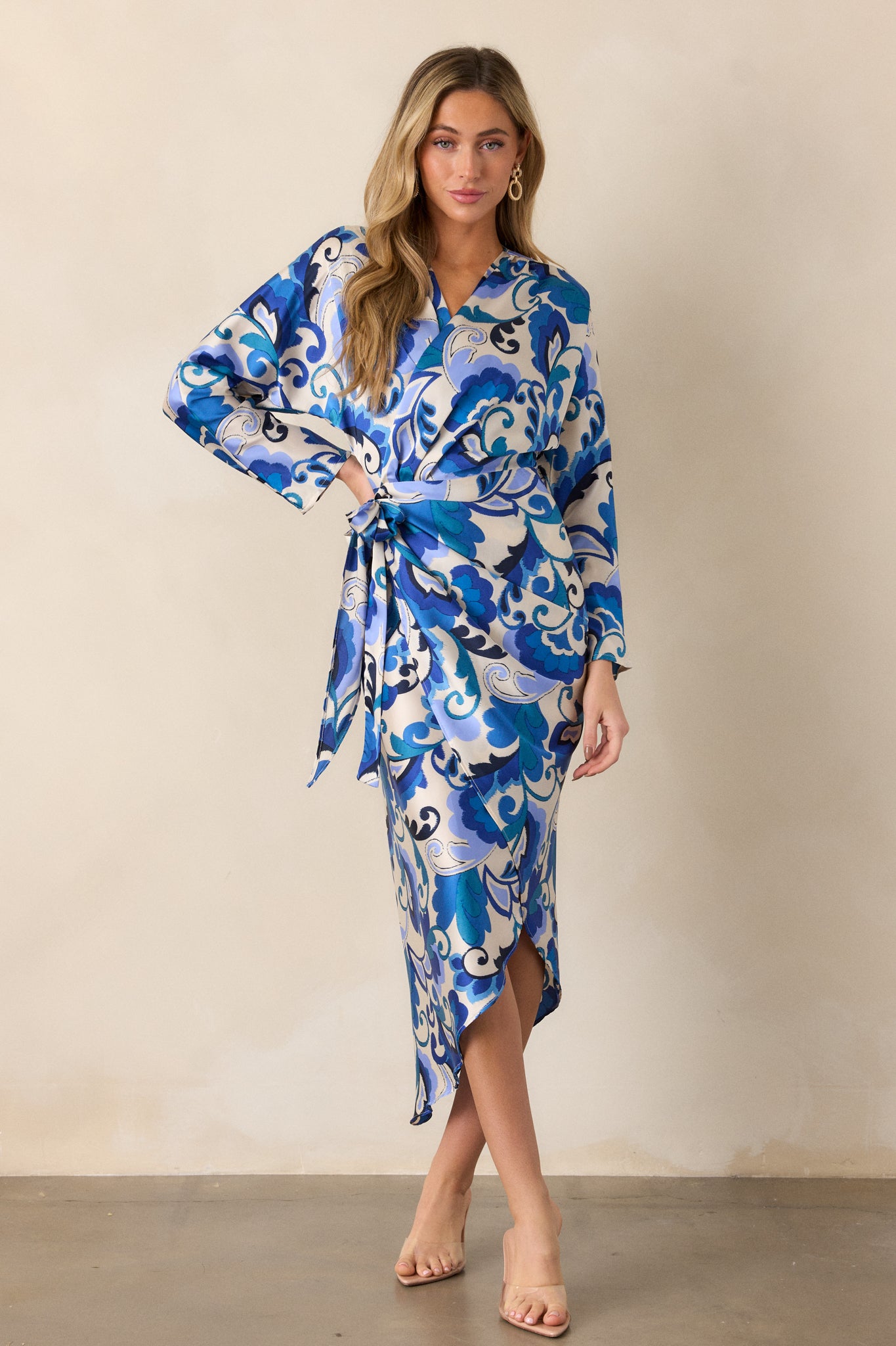 Blue Floral Wrap Midi Dress