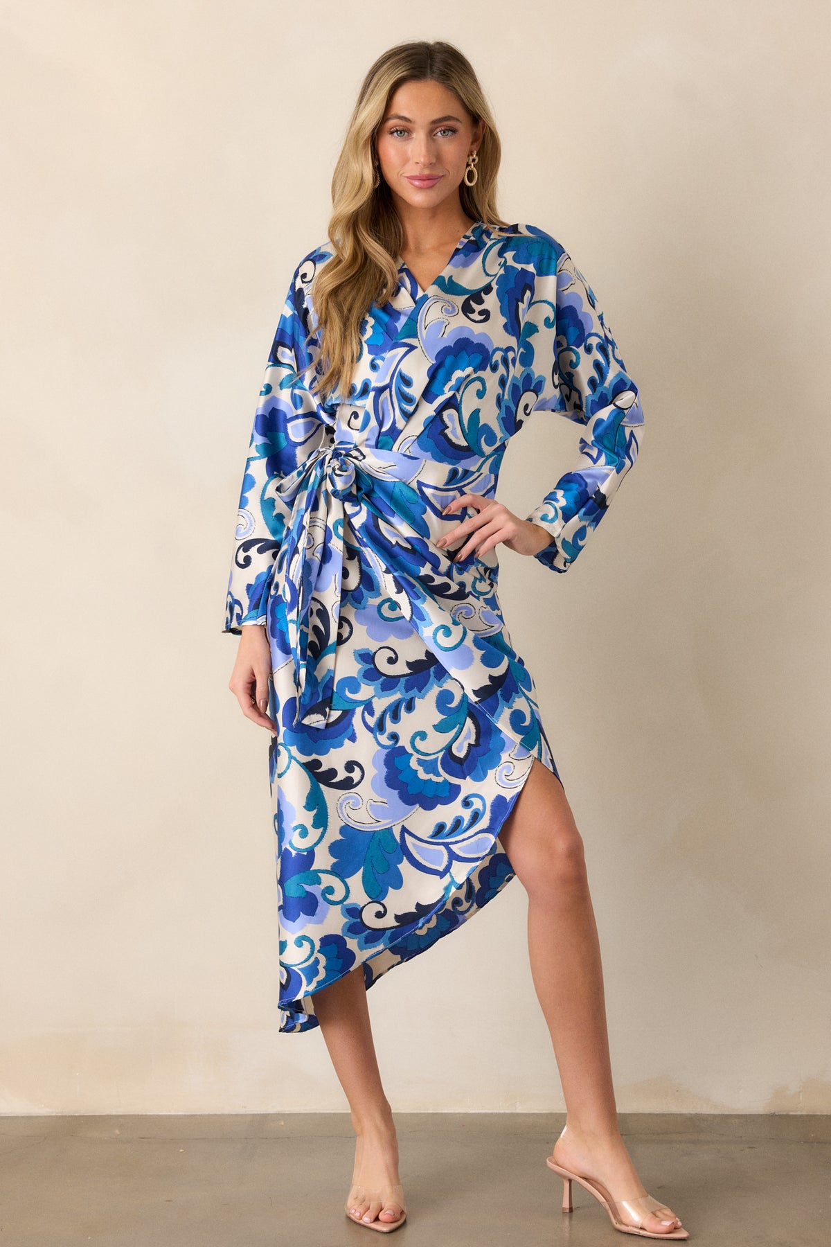 Blue Floral Wrap Midi Dress