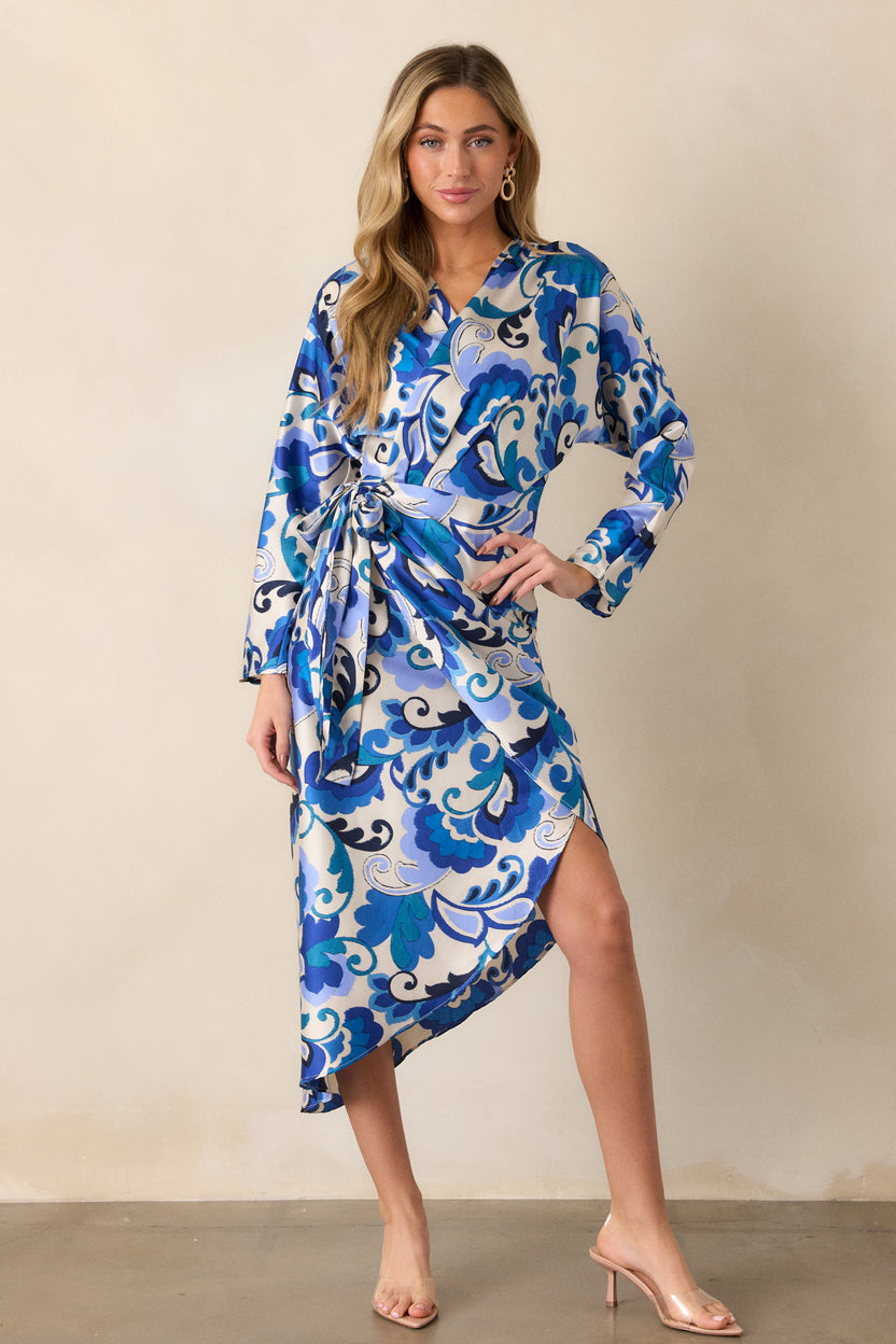 Blue Floral Wrap Midi Dress