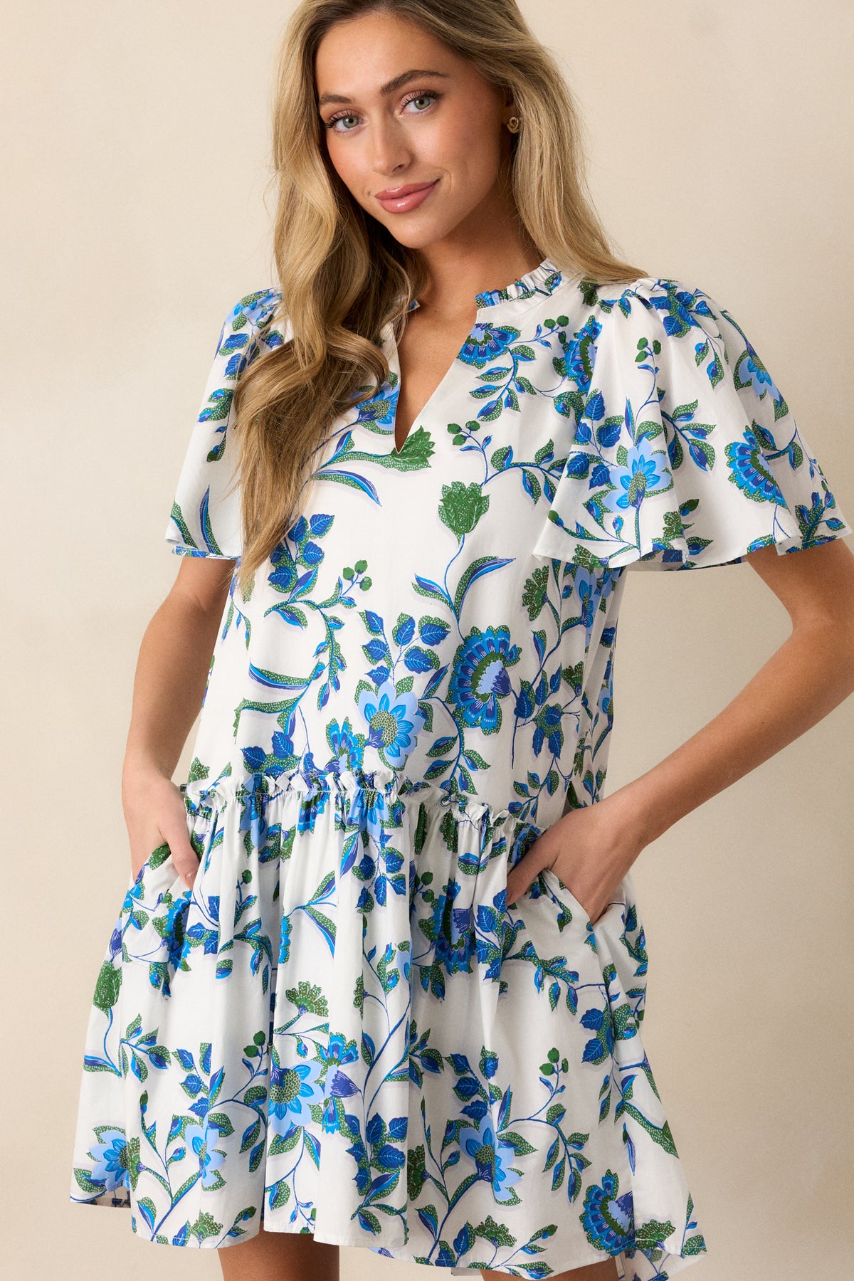 100% Cotton Blue Floral Mini Dress