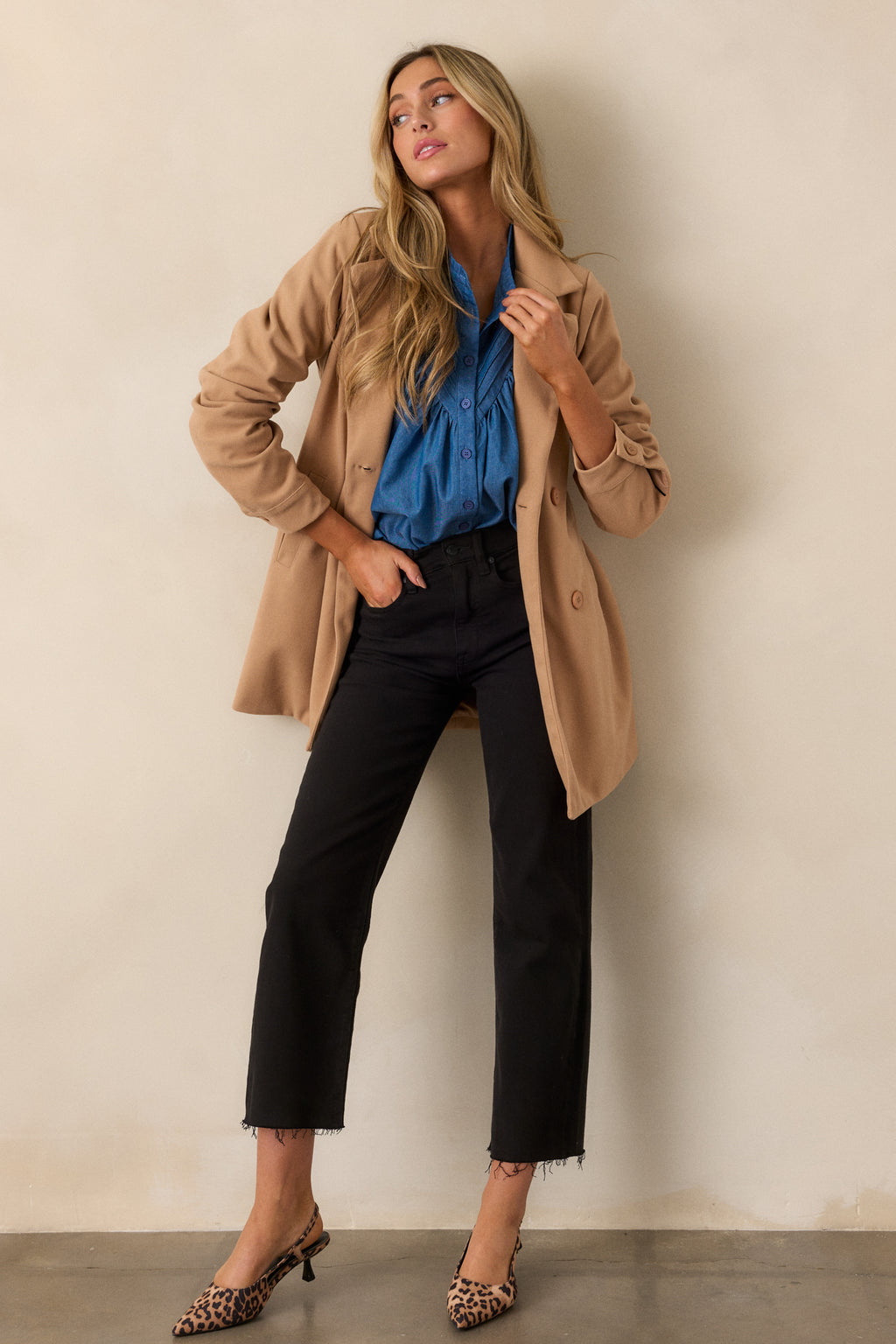 Camel Double-Breasted Coat - All Outerwear | Red Dress
