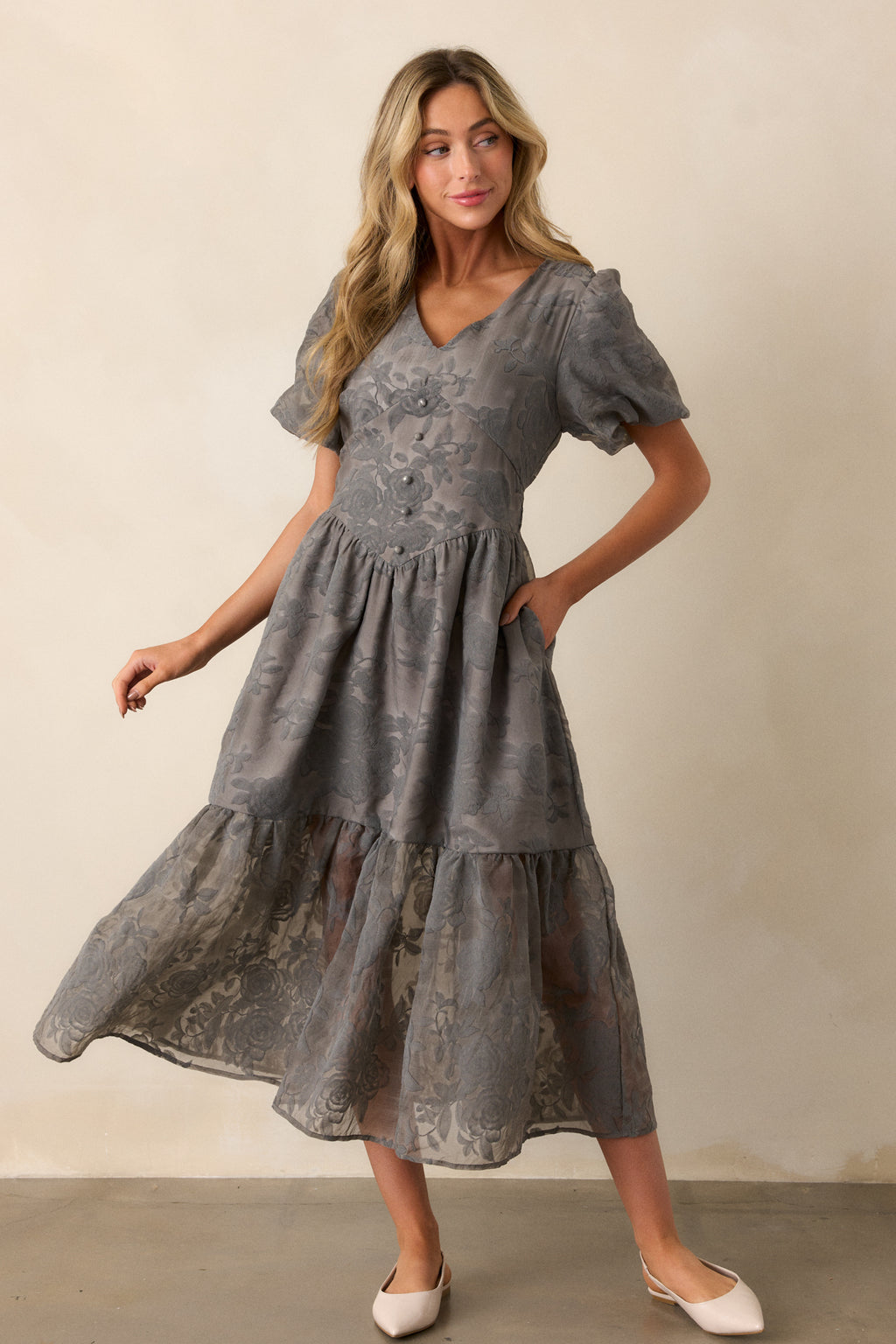 Grey Floral Puff Sleeve Midi Dress - All Dresses | Red Dress