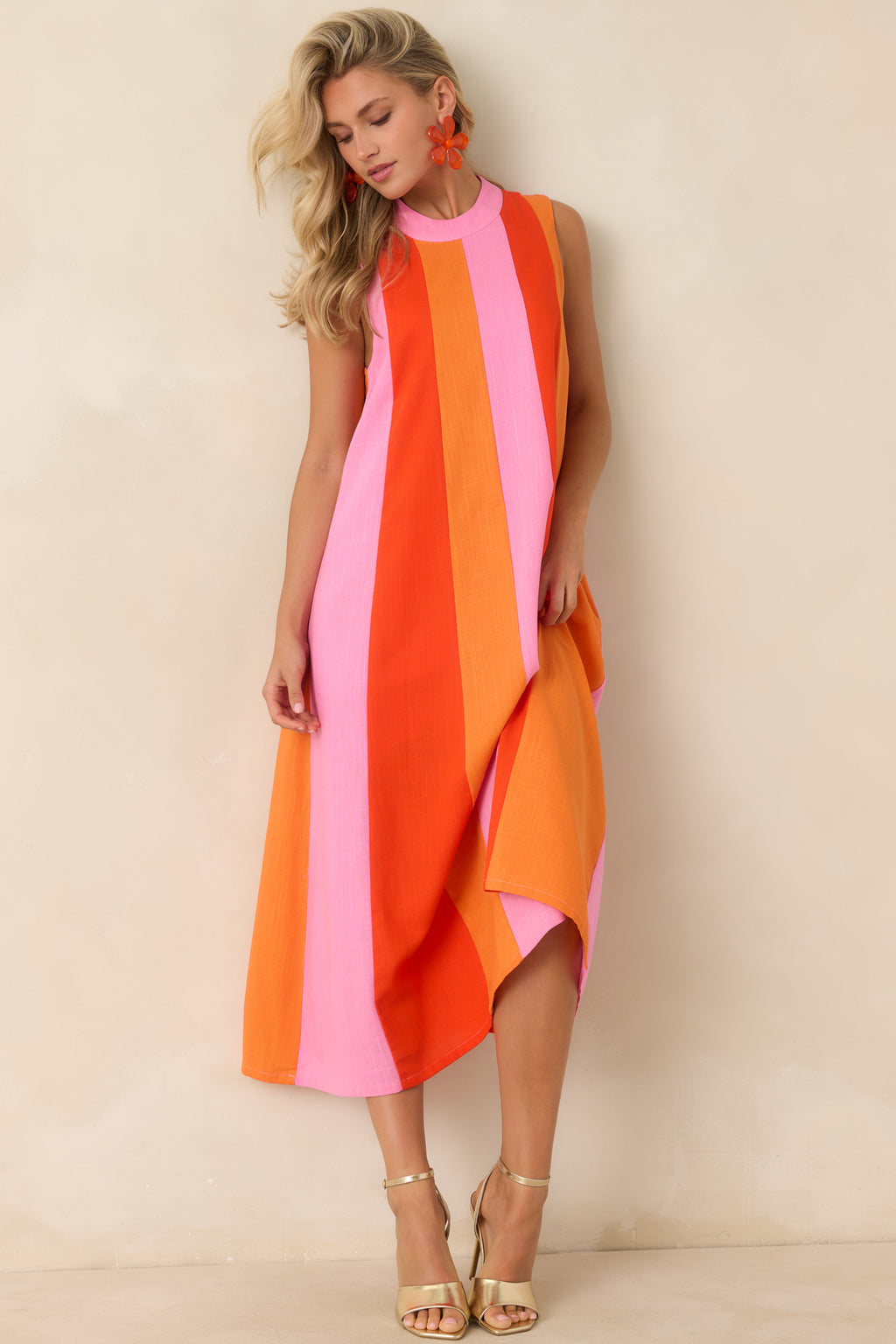 dress orange and pink Red Dress | Pink & Orange Colorblock Midi Dress