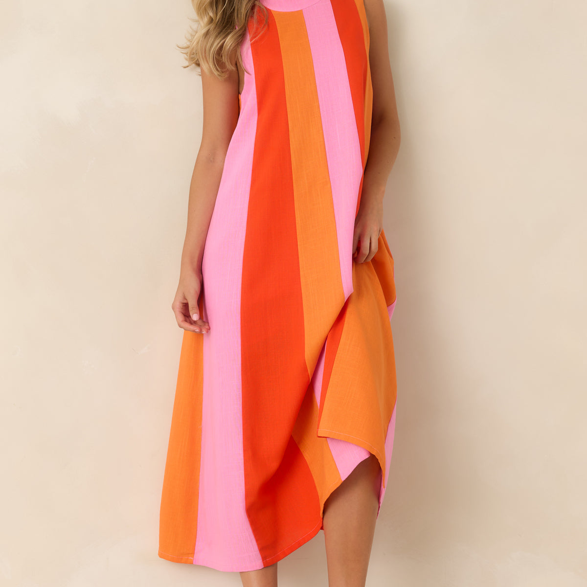 Red Dress | Pink & Orange Colorblock Midi Dress Red Dress | Pink & Orange Colorblock Midi Dress