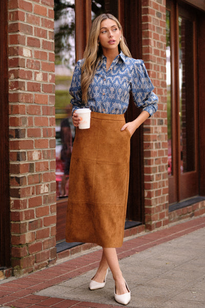 brown dress skirt Brown Herringbone Tweed Midi Skirt - All Skirts