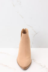 Front view of these booties that feature a pointed toe, a stacked heel, and a slit on the ankle.