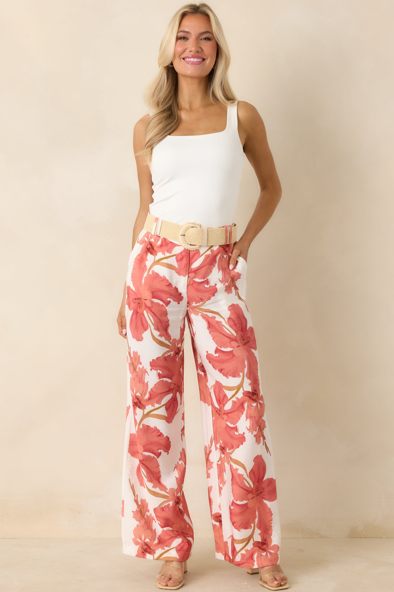 MINKPINK Isla Peach Hibiscus Wide Leg Pants | Red Dress
