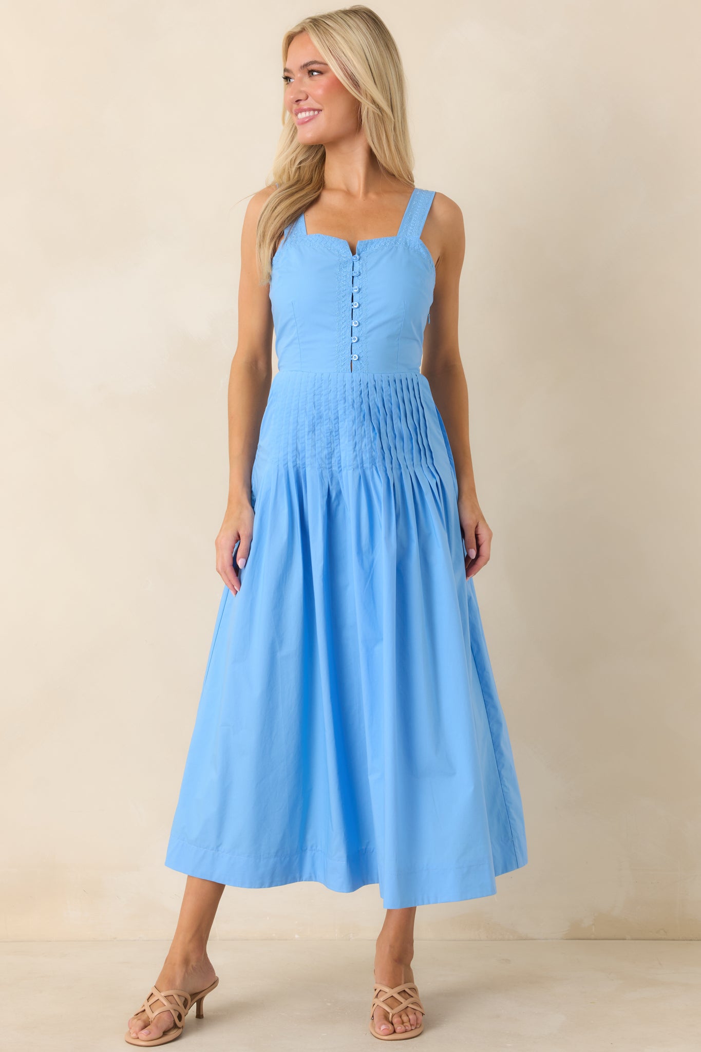 Red Dress | Light Blue Cotton Pleated Midi Dress