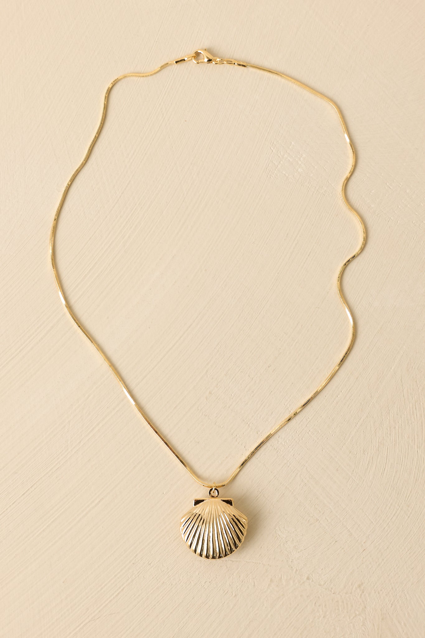 Cropped angle focusing on the delicate chain links and the smooth contours of the shell pendant.