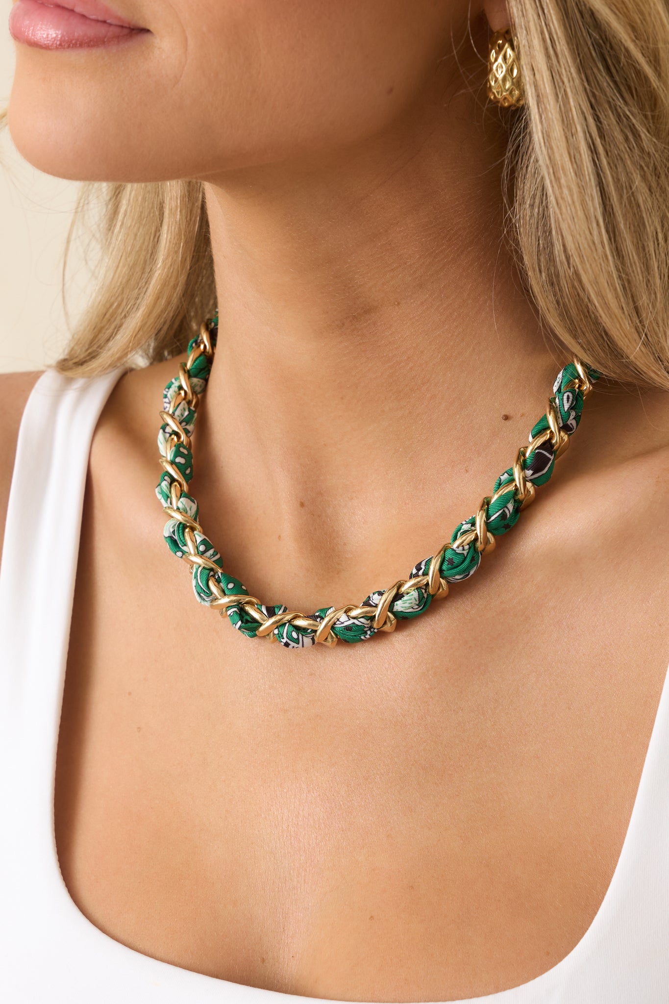 Red Dress | Green Multi Scarf-Woven Gold Chain Necklace - All Jewelry Red Dress | Green Multi Scarf-Woven Gold Chain Necklace - All Jewelry