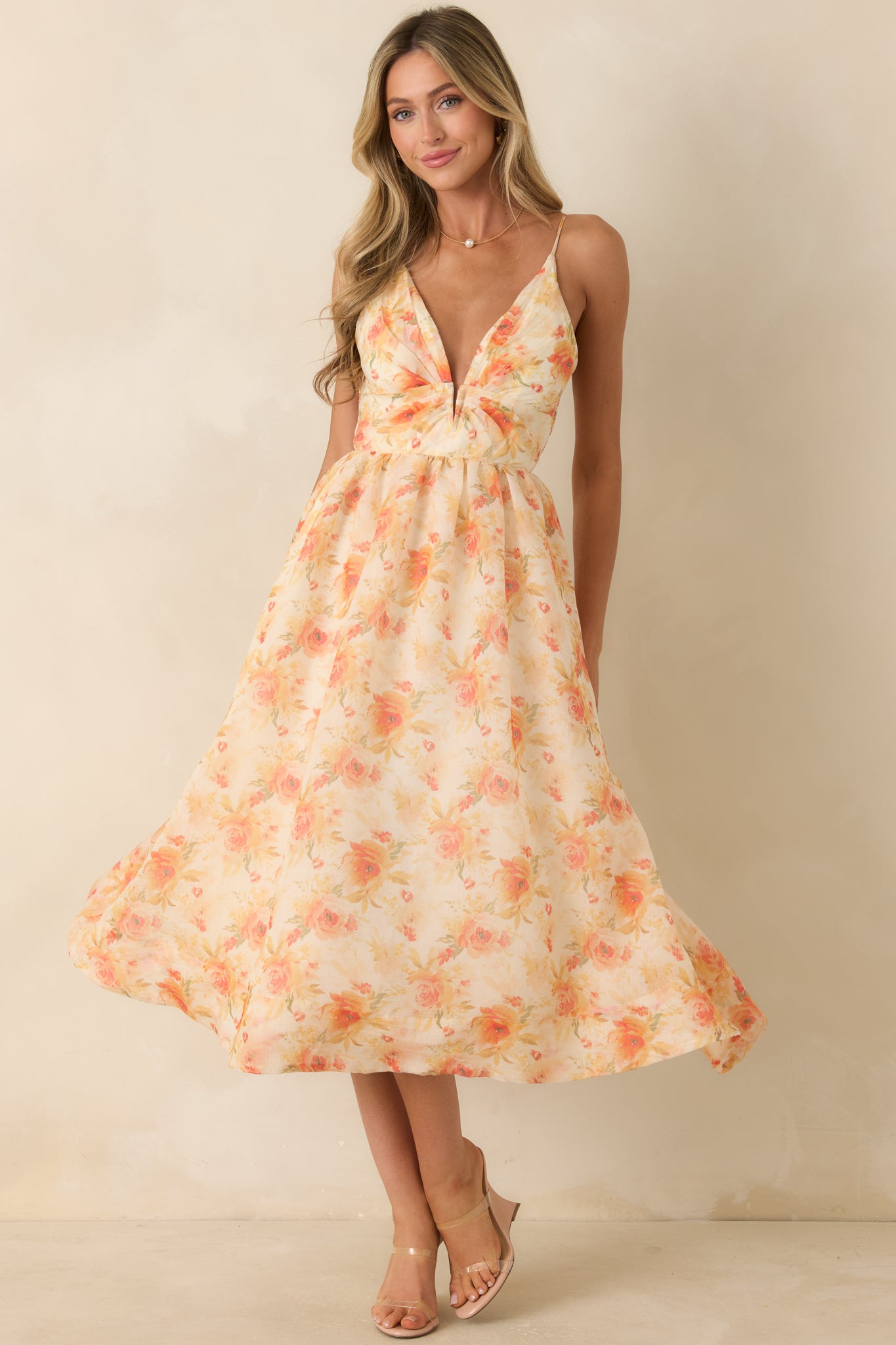 astr the label midi summer dress Women's Janna Orange Floral Midi Dress | Size: L