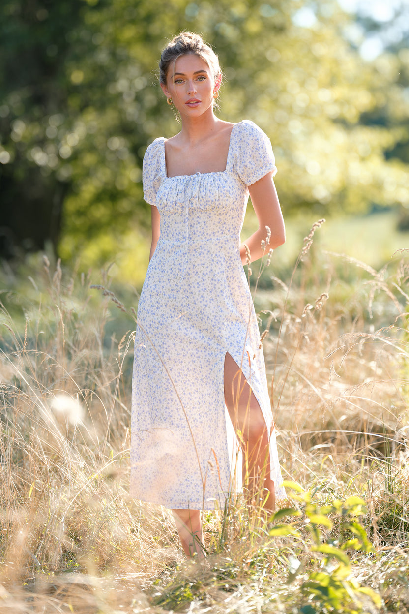 Blue Floral Midi Dress - All Dresses | Red Dress