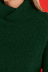 Close up view of this sweater that features a cowl turtle neckline, long sleeves with ribbed cuffs, and a bottom hem that tapers in around the hips.