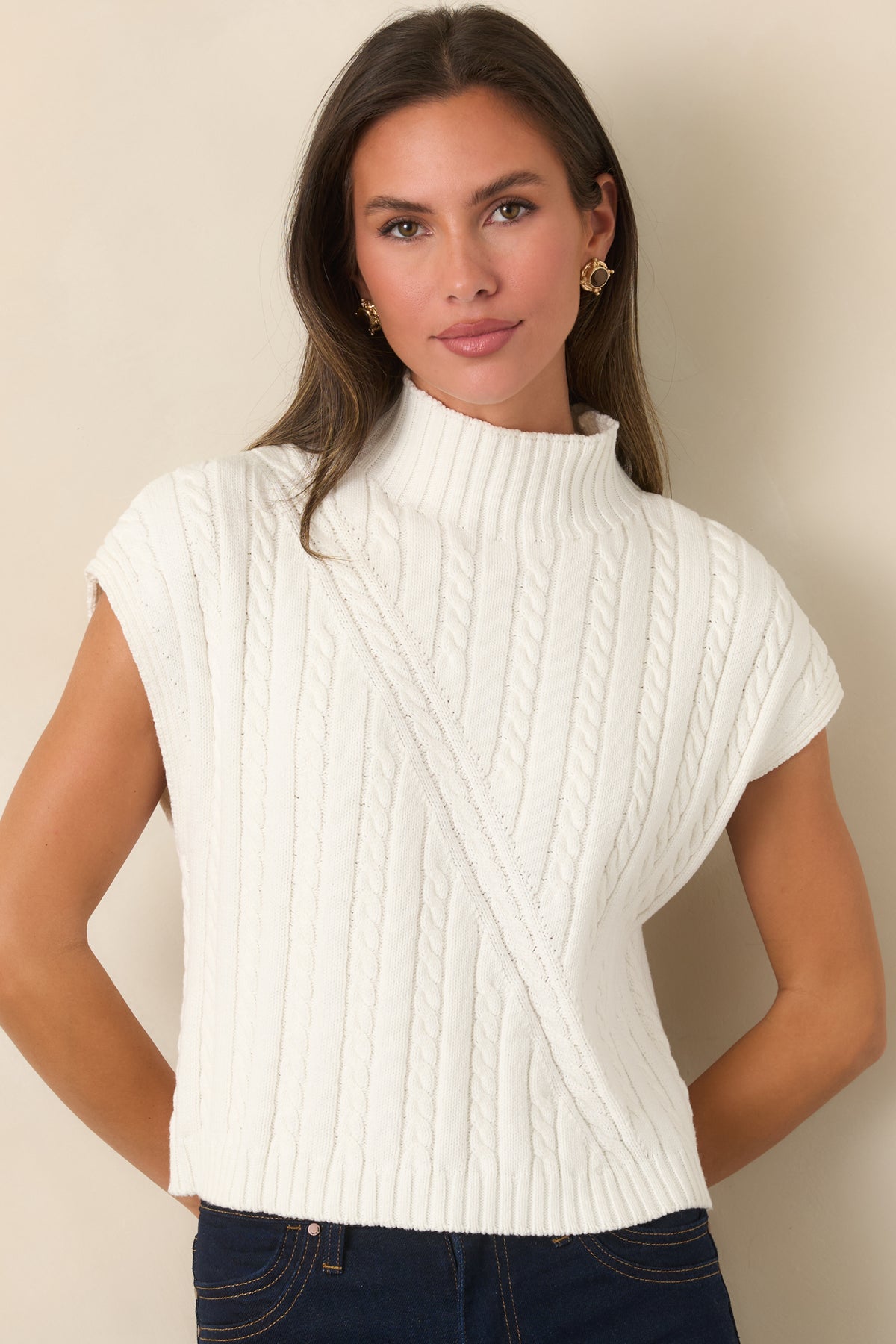 I'm Sure of It Ivory Cable Knit Sleeveless Mock Neck Sweater