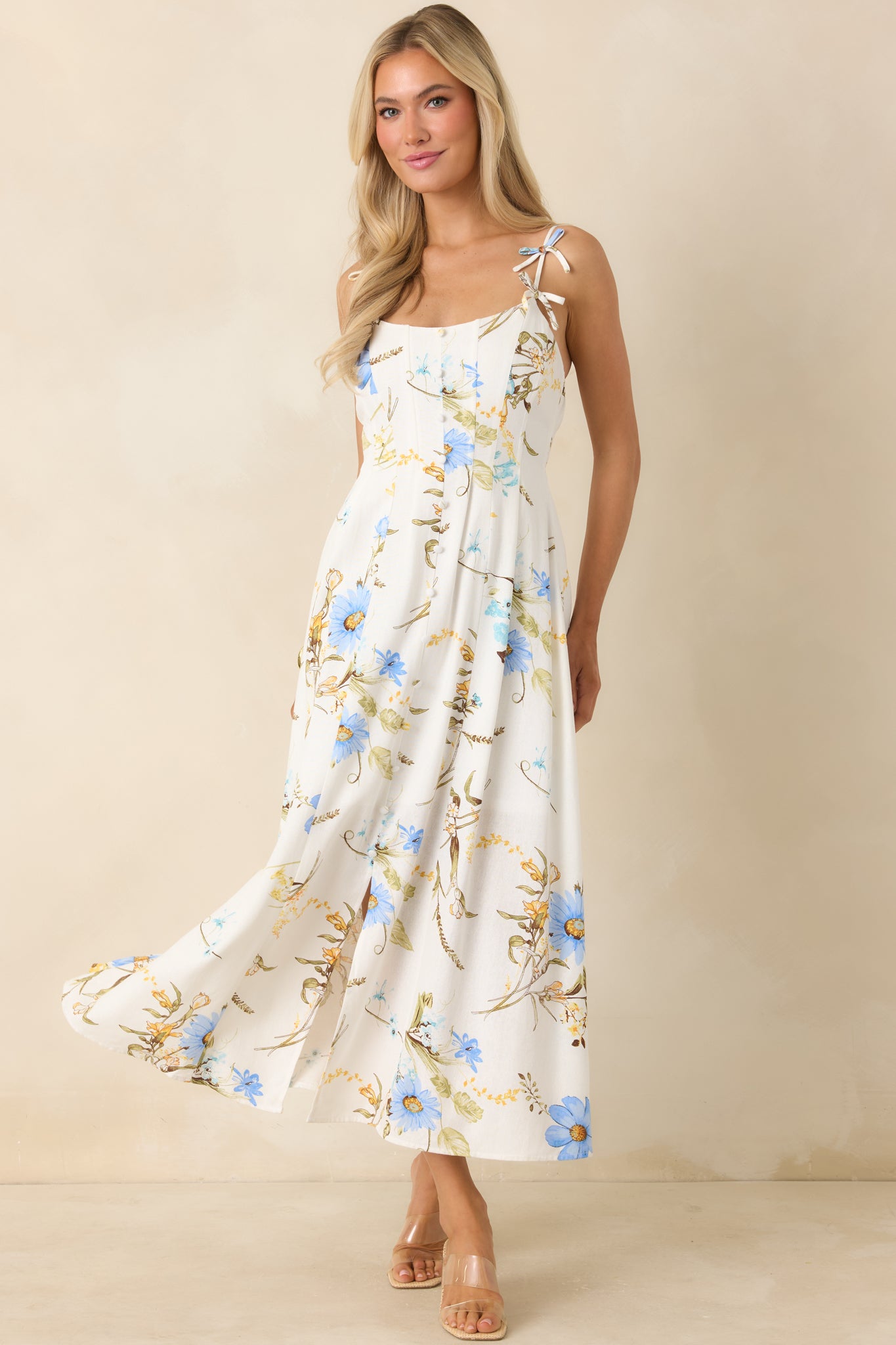 Red Dress | White Multi Floral Print Bow Accent Strap Midi Dress - All  Dresses