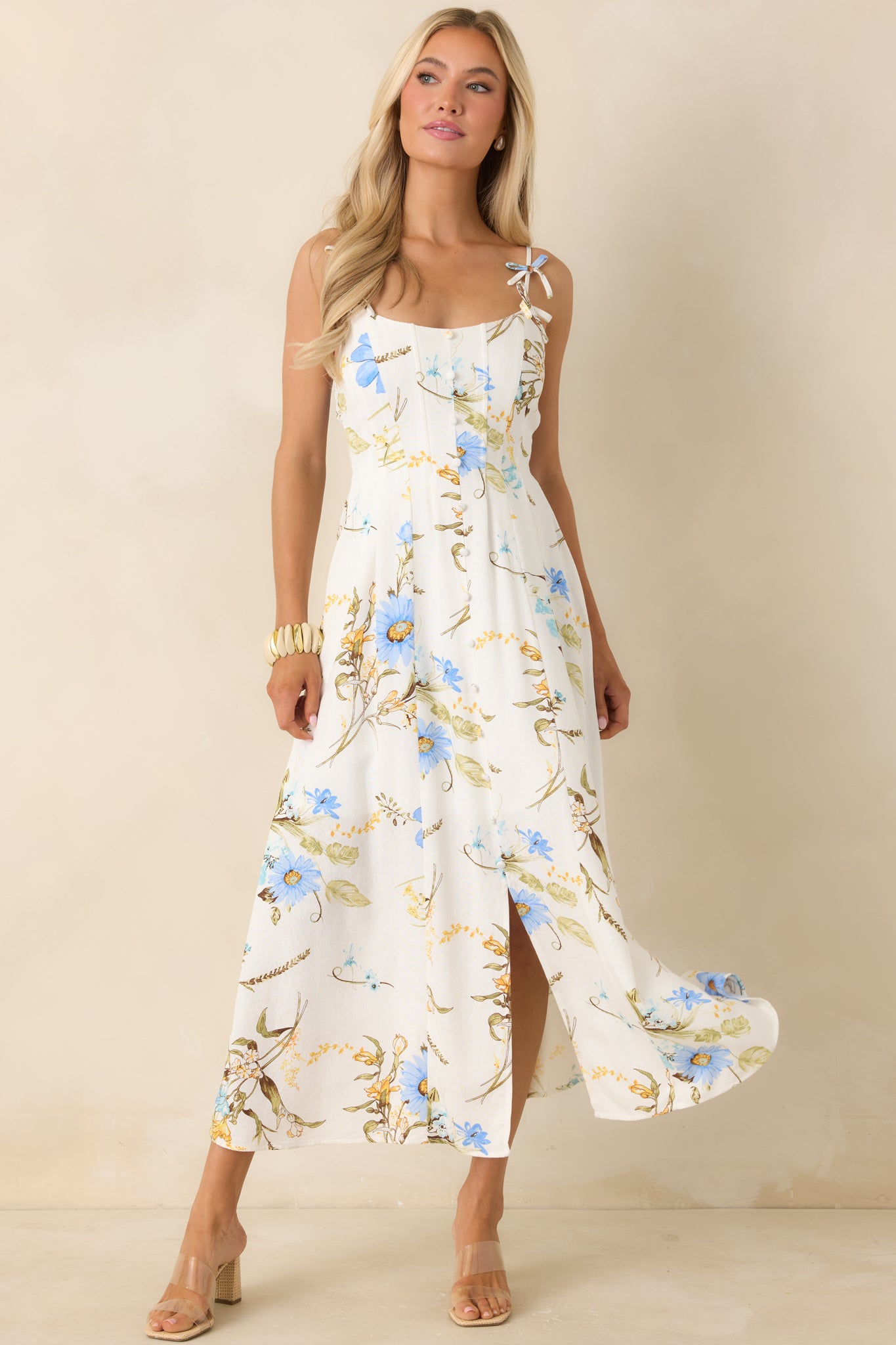 Red Dress | White Multi Floral Print Bow Accent Strap Midi Dress - All Dresses Red Dress | White Multi Floral Print Bow Accent Strap Midi Dress - All Dresses