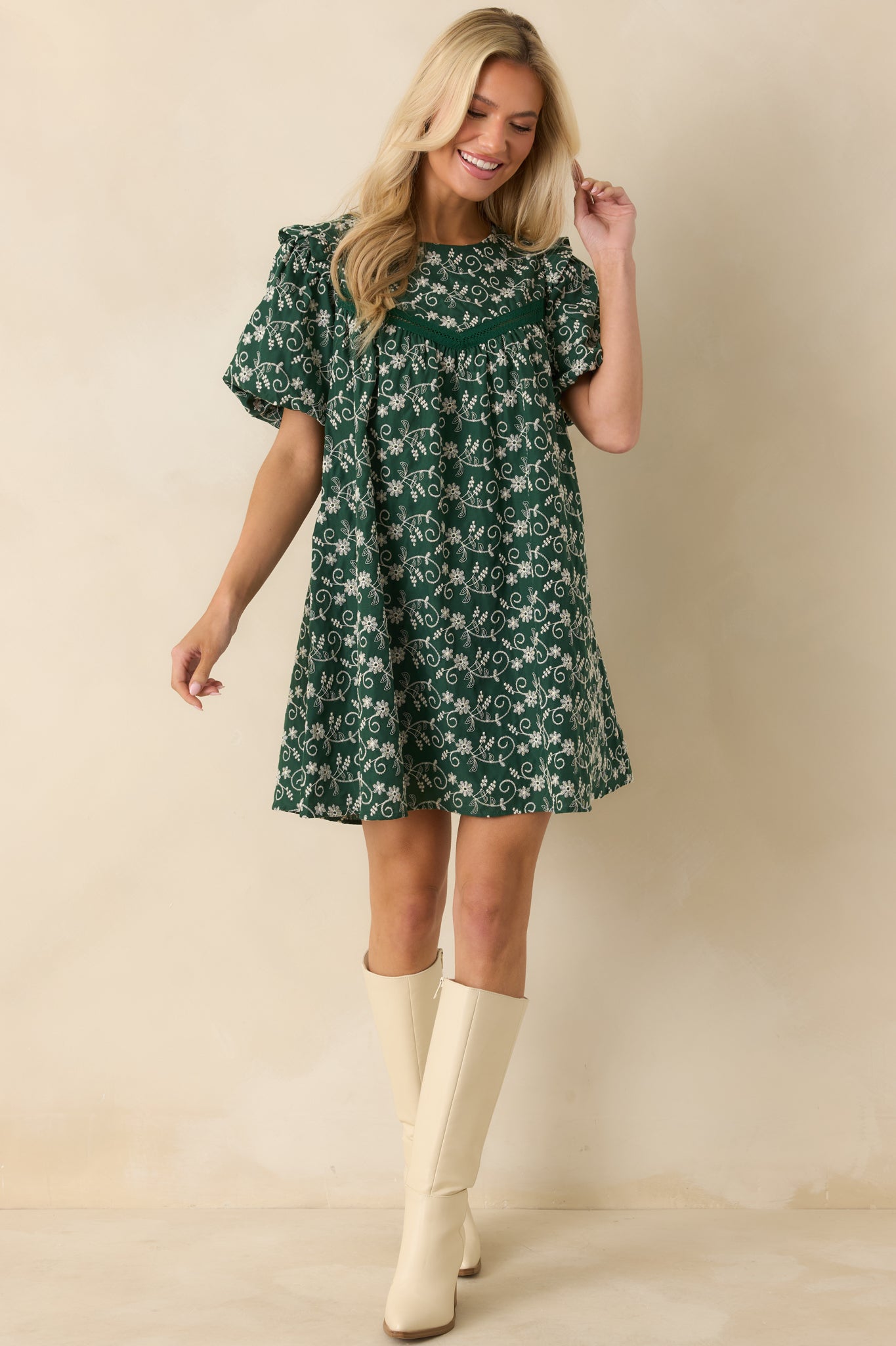 Already Knew Hunter Green Floral Embroidered Eyelet Mini Dress