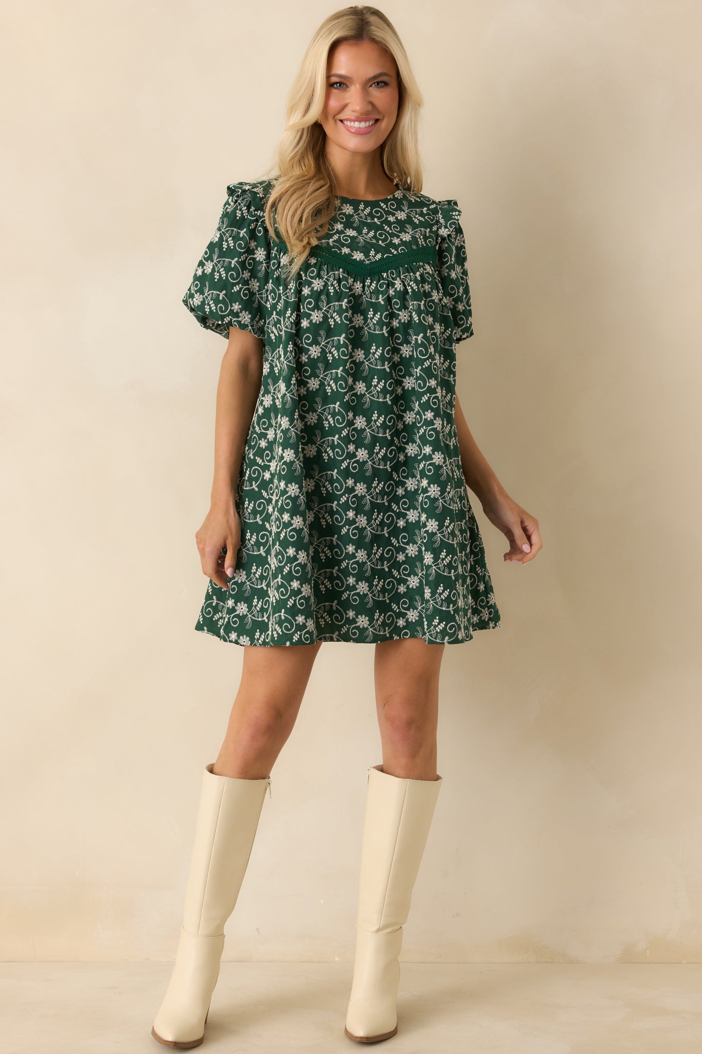 Already Knew Hunter Green Floral Embroidered Eyelet Mini Dress