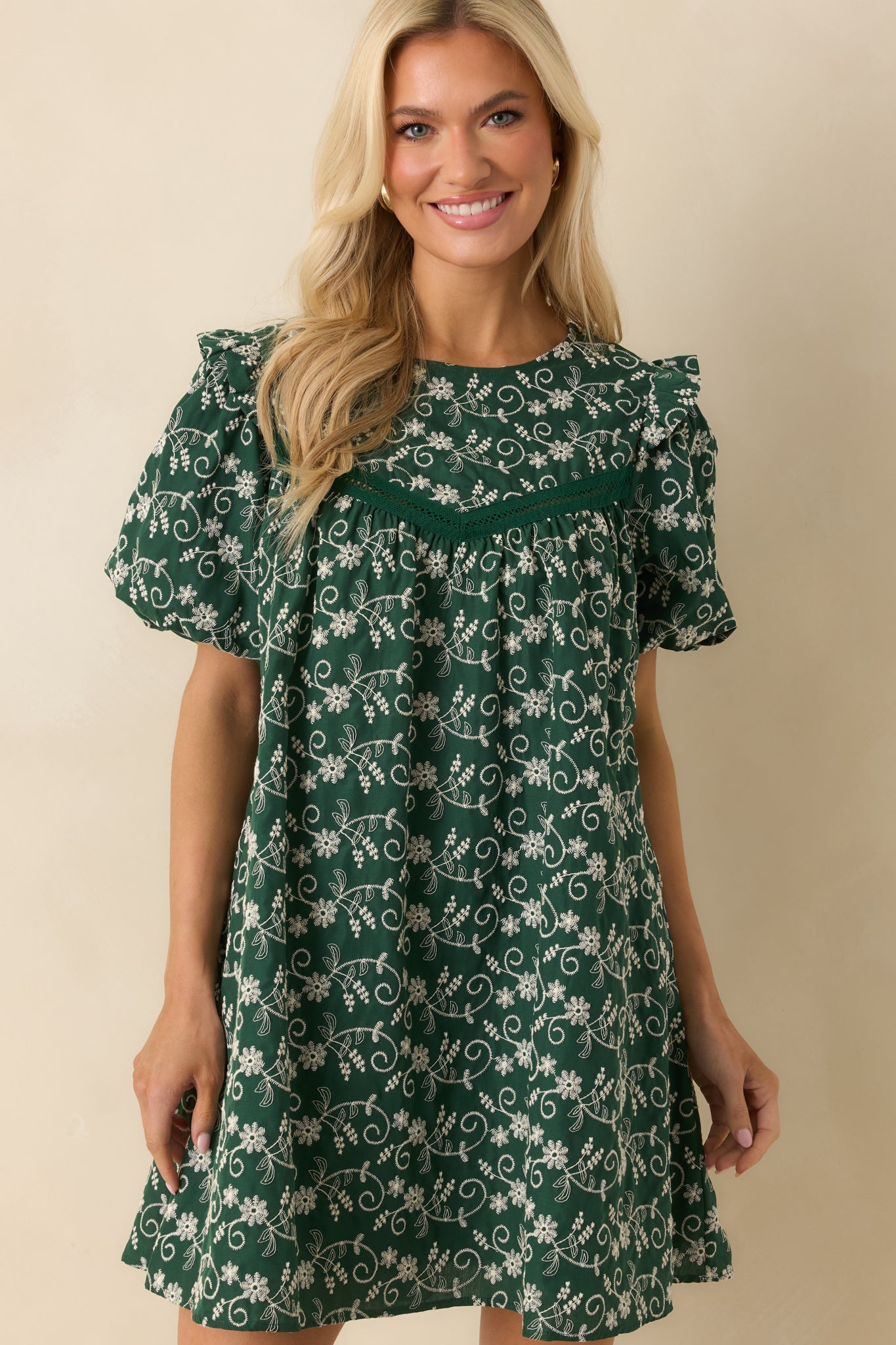 Already Knew Hunter Green Floral Embroidered Eyelet Mini Dress