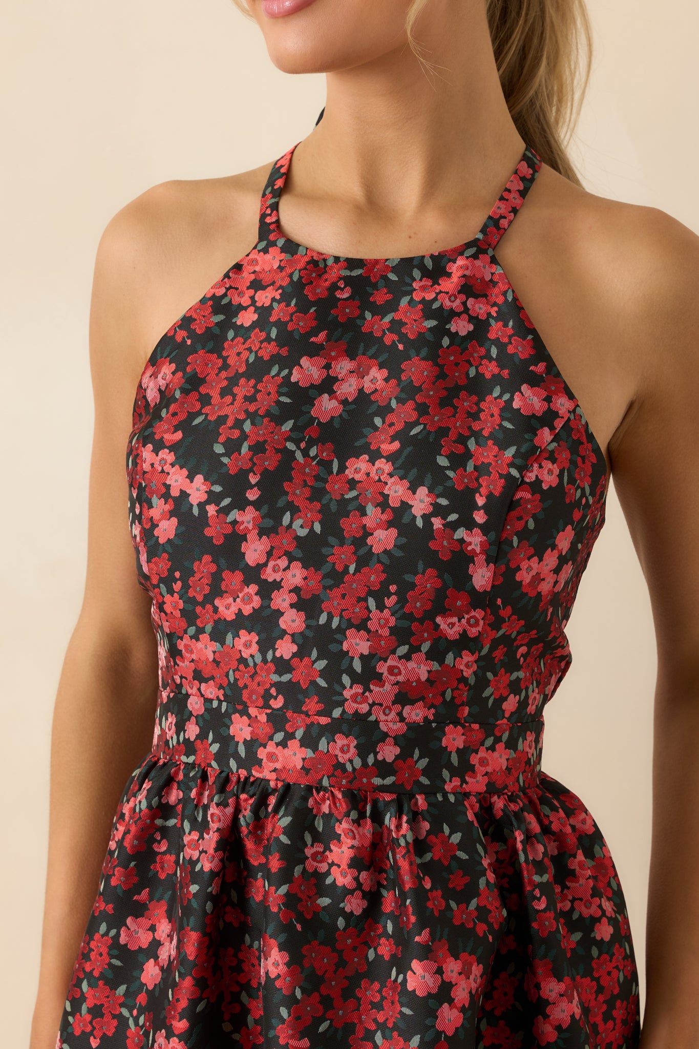 Worth Every Second Red Multi Floral Jacquard Halter Midi Dress