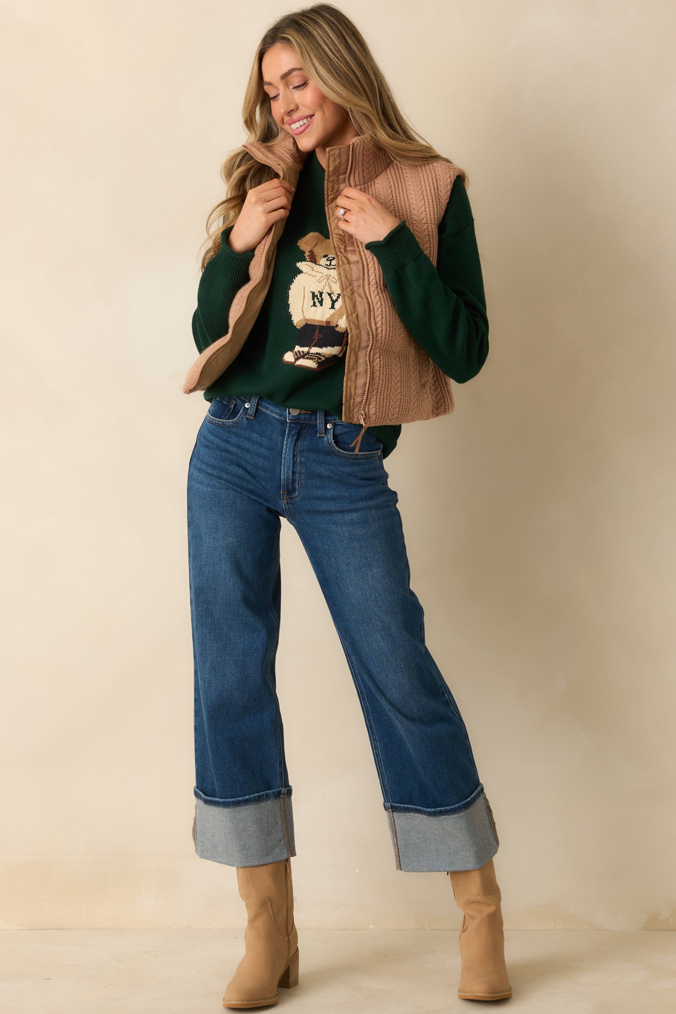 Don’t Wait Around Hunter Green Teddy Bear Graphic Crewneck Sweater