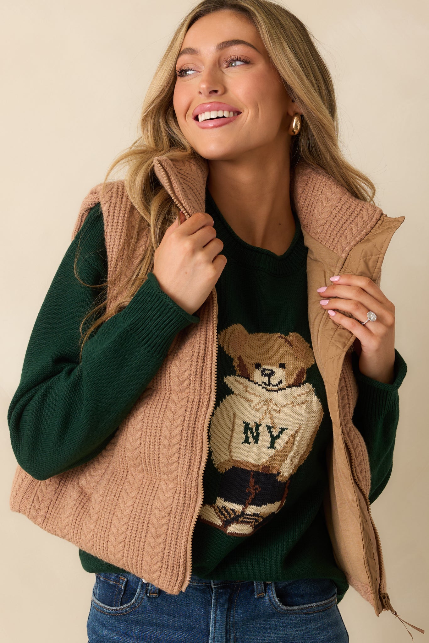 Don’t Wait Around Hunter Green Teddy Bear Graphic Crewneck Sweater