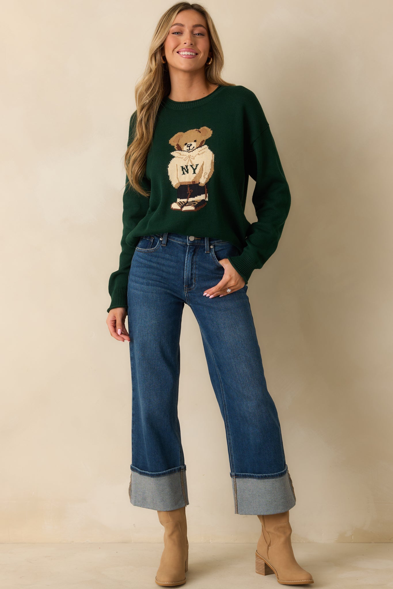 Don’t Wait Around Hunter Green Teddy Bear Graphic Crewneck Sweater