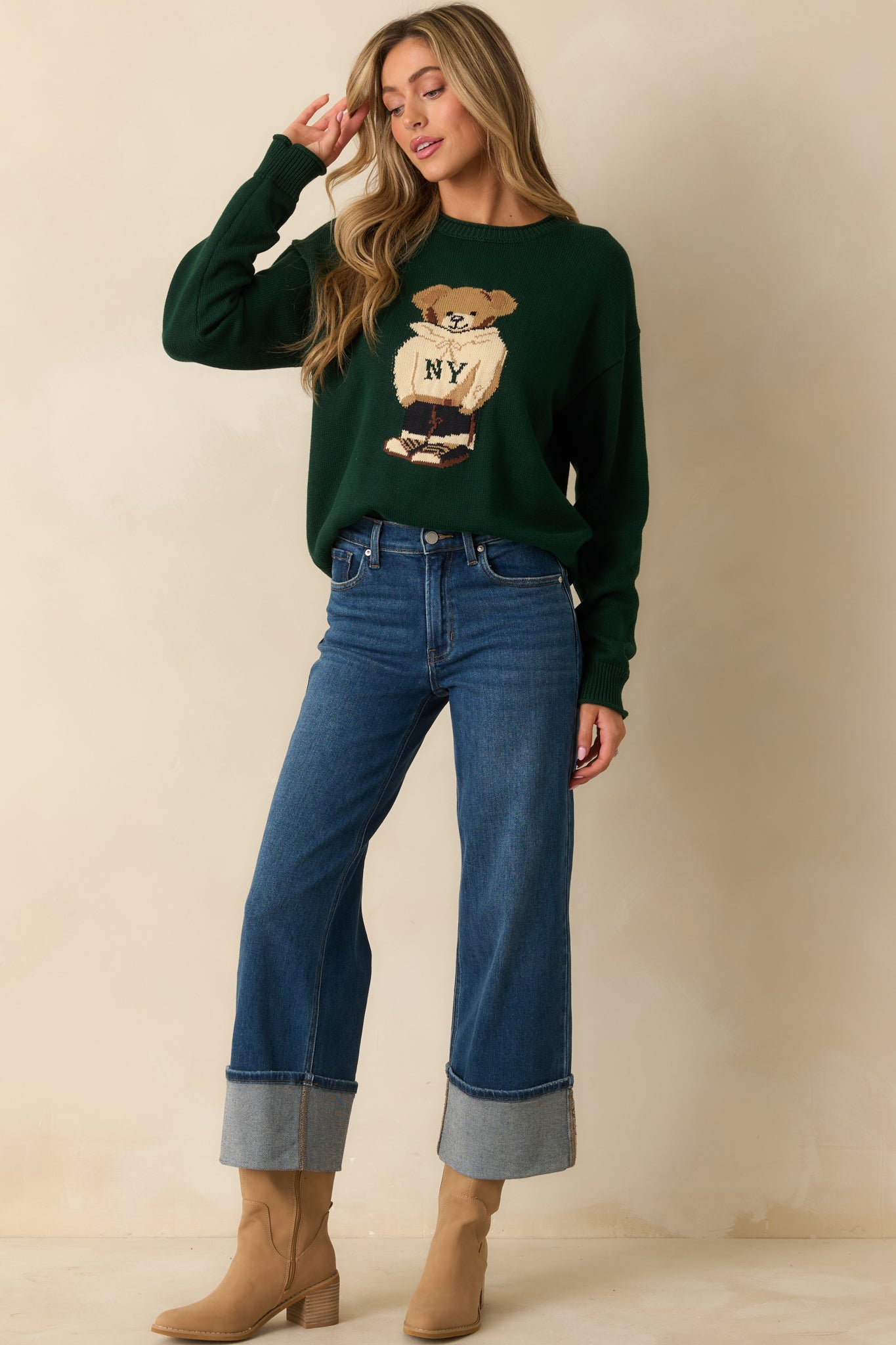 Don’t Wait Around Hunter Green Teddy Bear Graphic Crewneck Sweater