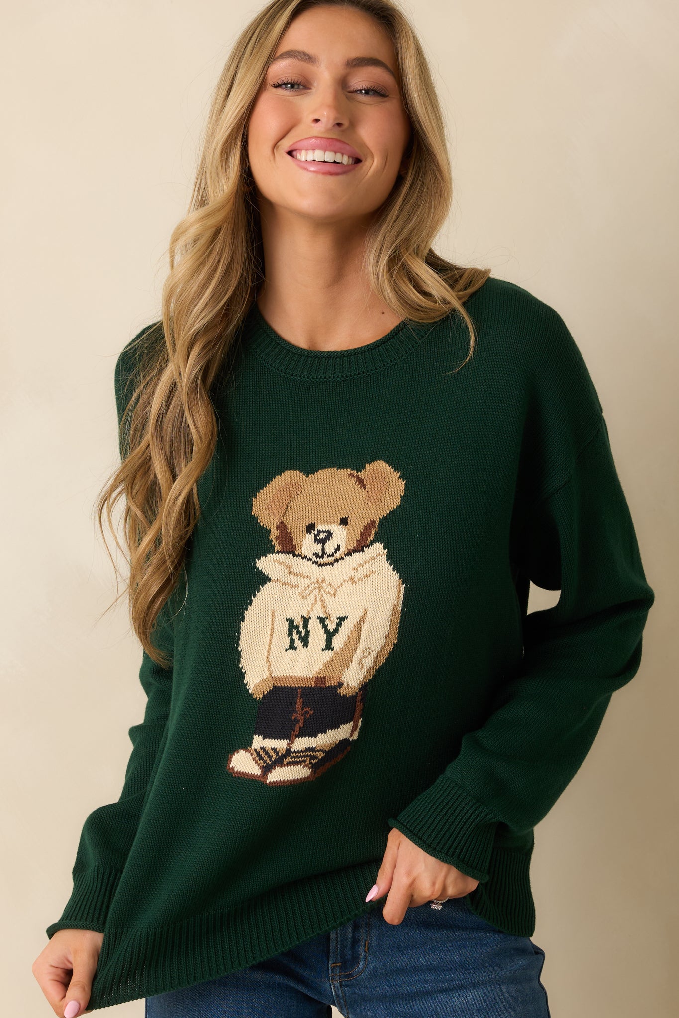 Don’t Wait Around Hunter Green Teddy Bear Graphic Crewneck Sweater