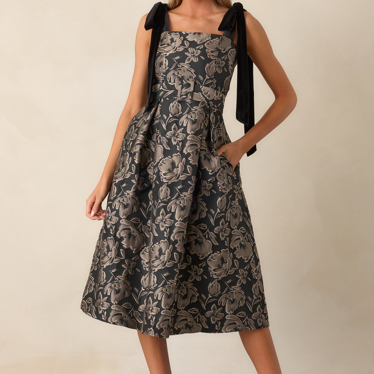 Black Floral Jacquard Midi Dress - All Dresses | Red Dress