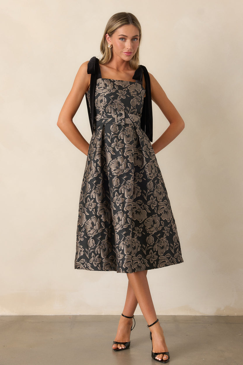 Floral Jacquard Midi Dress with Beaded Belt main image 1