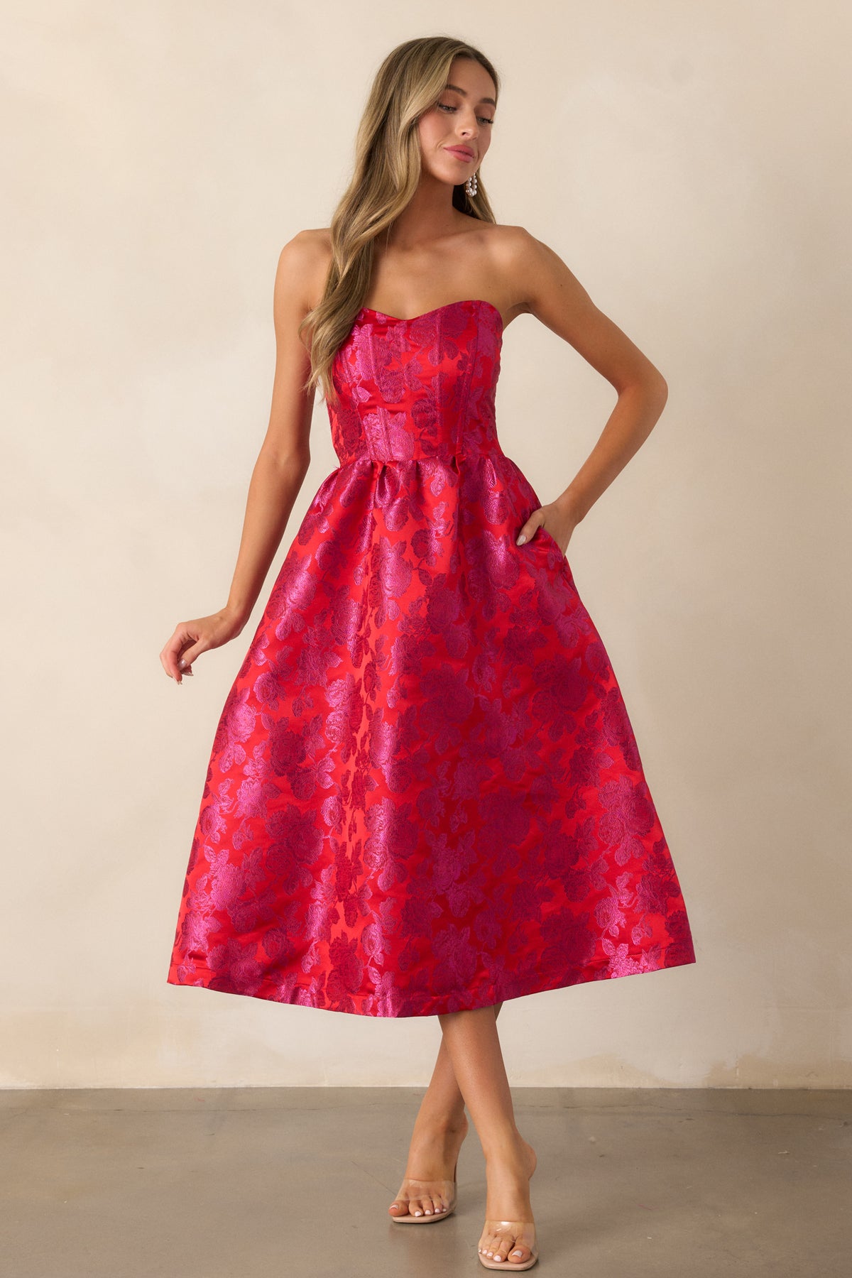Red & Pink Jacquard Midi Dress All Dresses Red Dress — free download