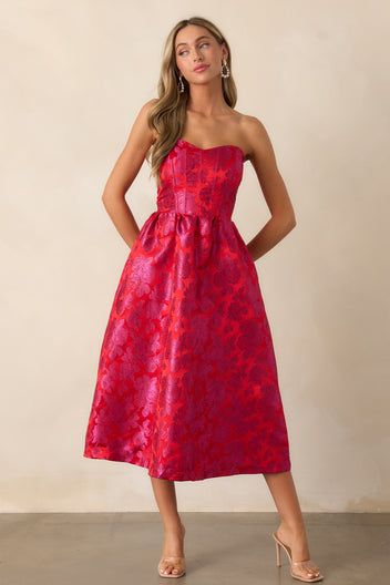Red & Pink Jacquard Midi Dress - All Dresses | Red Dress