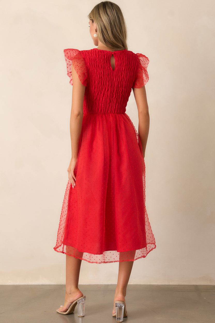 Red Polka Dot Midi Dress - Lace Trim V-Neck Holiday Robe main image 1