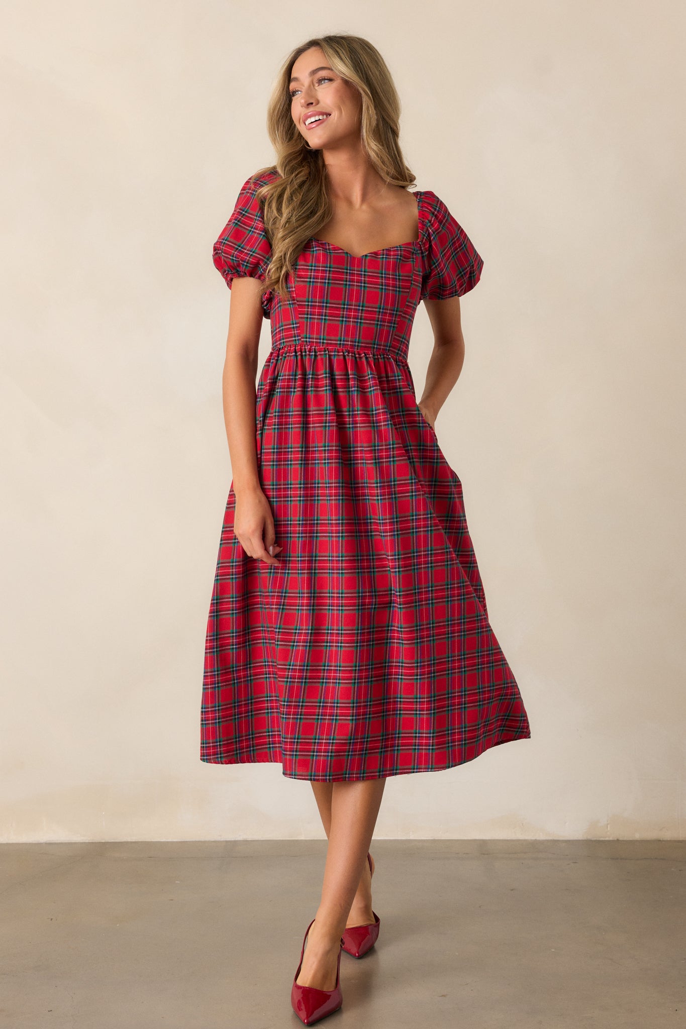 100% Cotton Red Plaid Puff Sleeve Midi Dress